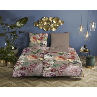 Wendebettwäsche DESCANSO "Fiori", grau (taupe, braun), B/L: 135cm x 200cm, , Satin (Bio-Baumwolle), B/L: 80cm x 80cm, Satin (Bio-Baumwolle), Obermaterial: 100% Baumwolle, Bettwäsche, Baumwolle, Satin, 135x200, Biese, Reißverschluss, Wende, Blumen Sand Image