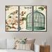 Design Art Blue Cottage Bird, Birdcage & Apple Blossoms II - Traditional Framed Canvas Wall Art Set Of 3 Canvas, in Blue/Brown/Green | Wayfair