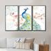 Design Art Peacocks Watercolor II - Traditional Framed Canvas Wall Art Set Of 3 Canvas, Wood in Blue/White | 32 H x 48 W x 1 D in | Wayfair