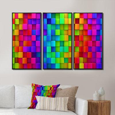 Orren Ellis Rainbow Of Abstract Colorful Blocks - Patterned Framed Canvas Wall Art Set Of 3 Metal in Blue/Green/Red | 32 H x 48 W x 1 D in | Wayfair