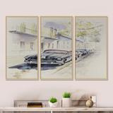 Williston Forge Black Retro Car In Old Europe Street - Industrial Framed Canvas Wall Art Set Of 3 Canvas, in White | 28 H x 36 W x 1 D in | Wayfair