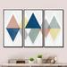 George Oliver Geometrical Composition Triangles III - Mid-Century Modern Framed Canvas Wall Art Set Of 3 Metal in Blue/Gray/White | Wayfair