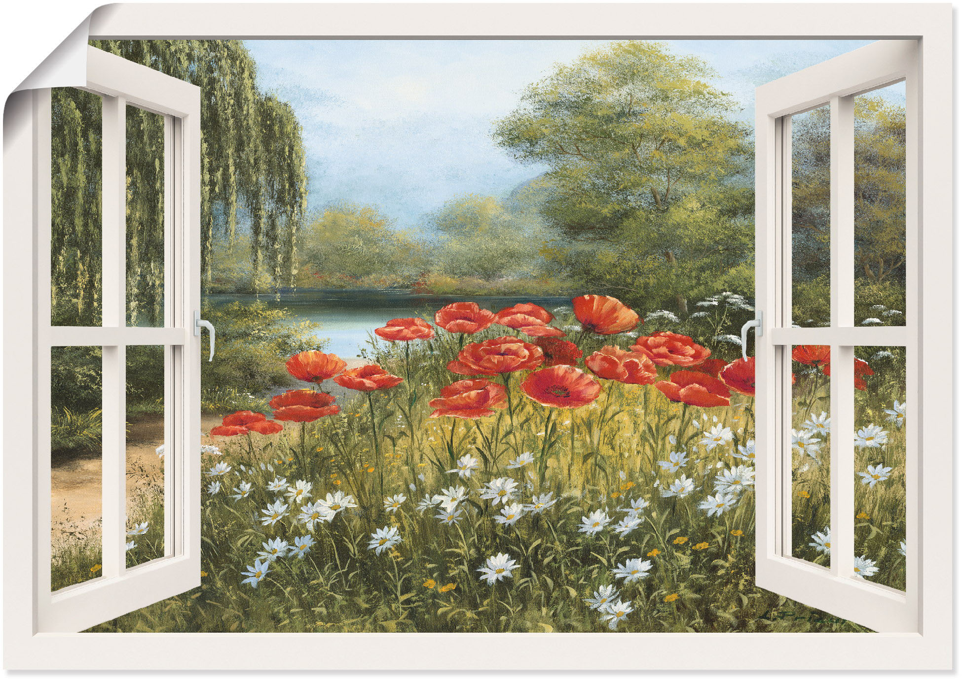 Wandbild ARTLAND "Fensterblick Mohnwiese", grün (farbe bild(er): grün), B:70cm H:50cm, Papier, Bilder, als Leinwandbild, Poster in verschied. Größen Image