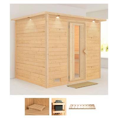 Sauna KARIBU "Soraja", beige (naturbelassen), ohne Ofen, (ohne Ofen), Saunen, ohne Ofen