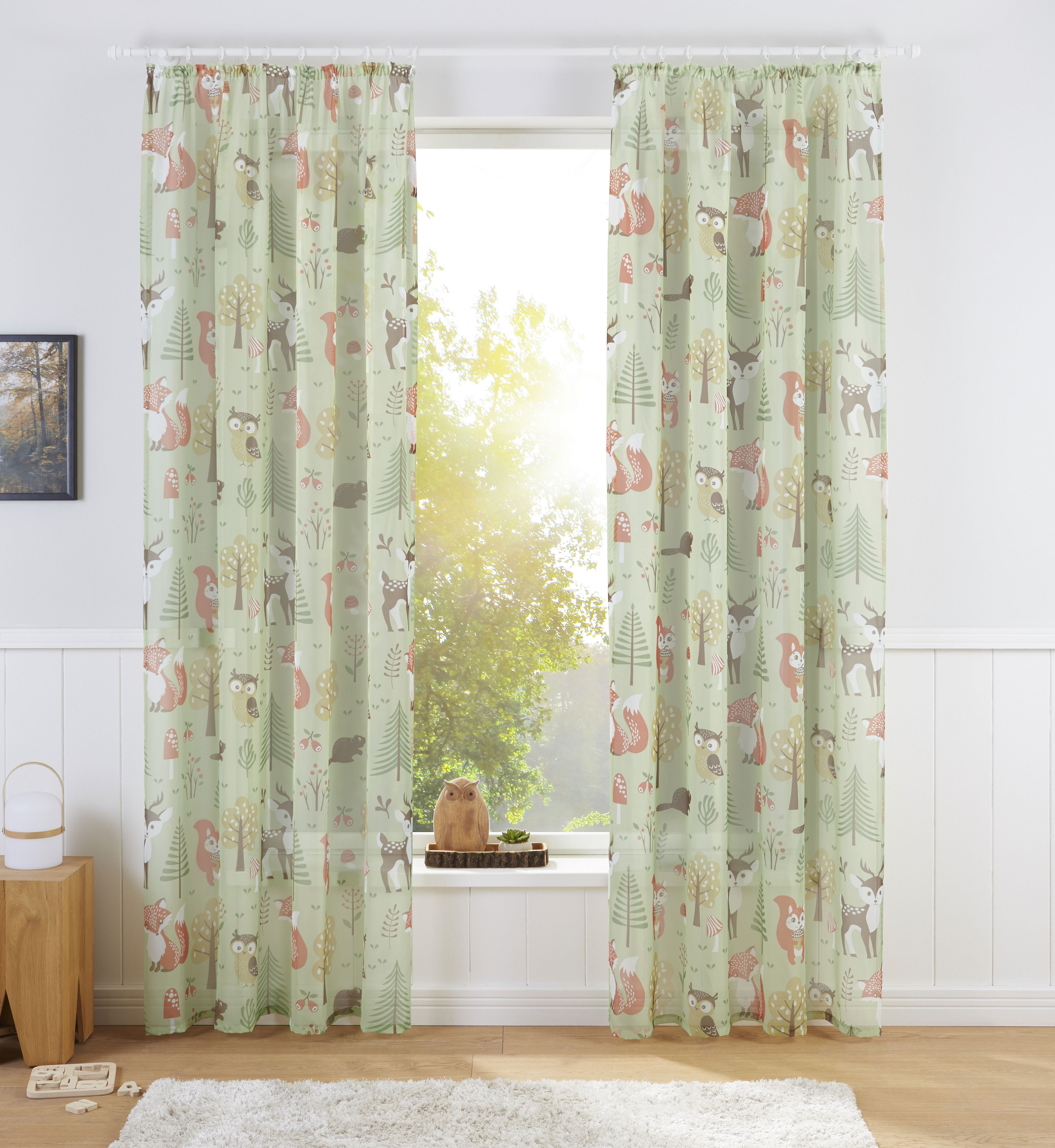 Gardine MY HOME "Waldtiere" Gr. 1, grün, B:140cm H:145cm, Voile, Polyester, Gardinen, Gardine, Kindergardine, bedruckt, verschiedene Größen