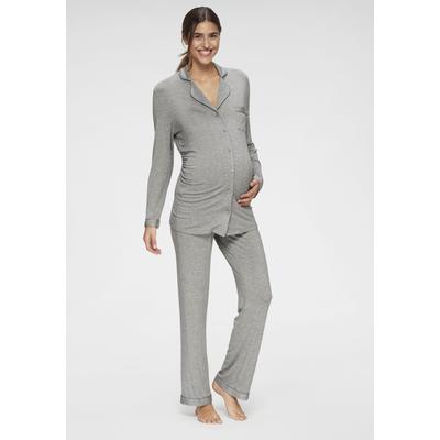 Umstandspyjama LASCANA, Damen, Gr. 40/42, grau, Single Jersey, Obermaterial: 95% Viskose, 5% Elasthan, meliert, klassisch, sehr bequem lang, V-Ausschnitt, Langarm eingesetzt Manschette, Homewear-Sets, mit Knopfleiste und Raffung an der Seitennaht Image