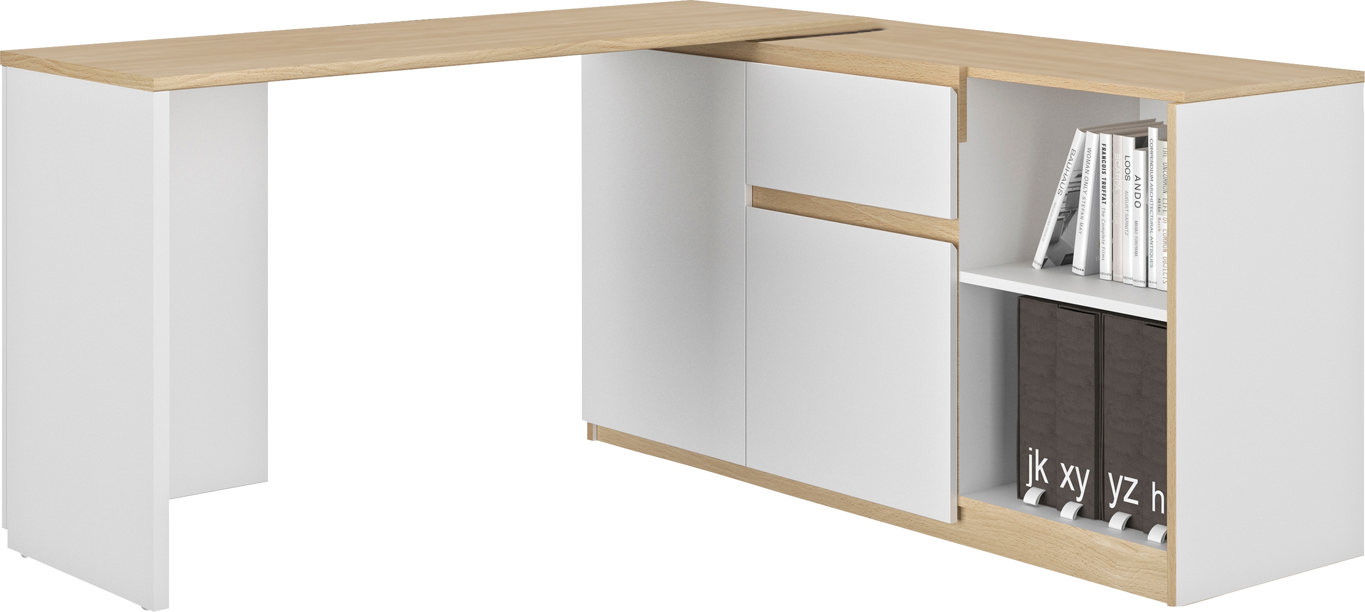 Schreibtisch GAMI "Gibril", braun (weiß, eiche blond), B:136cm H:75cm T:155cm, Tische, Schreibtisch, Jugendschreibtisch, Schreibtisch