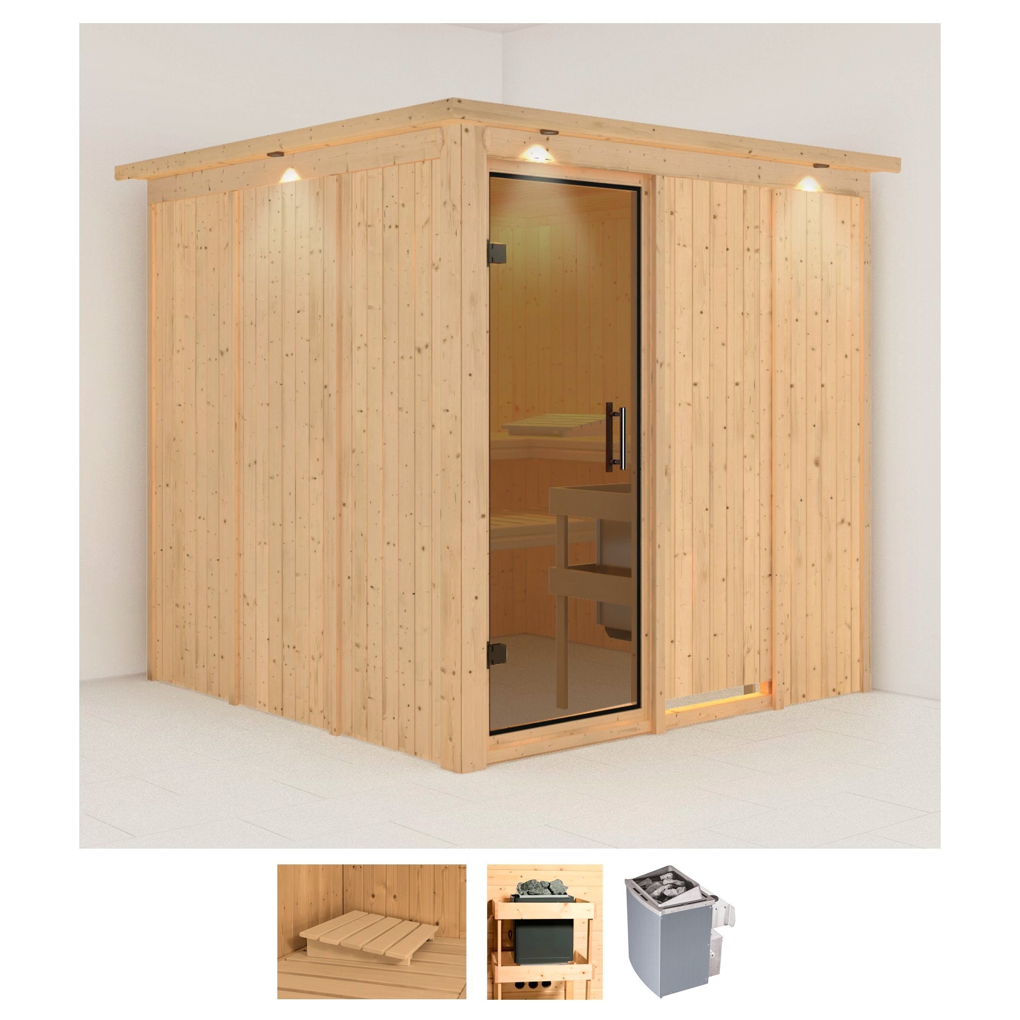 Sauna KARIBU "Rodin", beige (naturbelassen), Saunaofen, integrierte Steuerung, 9 kW, Saunen, 9-kW-Ofen mit integrierter Steuerung Image
