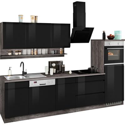 Küchenzeile KOCHSTATION "KS-Virginia", schwarz (front: schwarz hochglanz, korpus: eiche vintage, arbeitsplatte: eiche vintage), B:300cm H:200cm T:60cm, Komplettküchen-Sets, Breite 300 cm, ohne E-Geräte Image