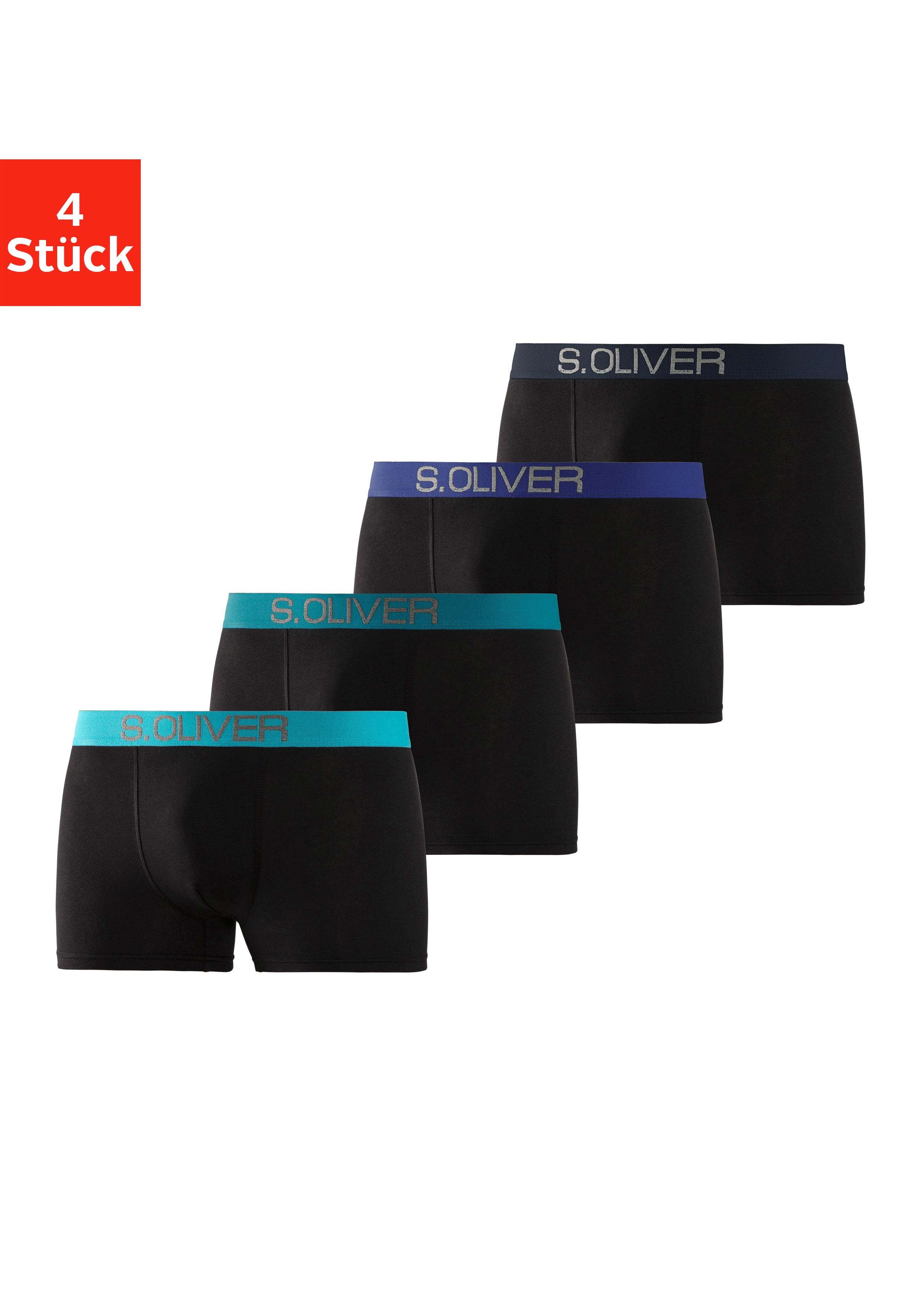 Boxer S.OLIVER "Boxershorts für Herren", Herren, Gr. L, 4 Stk., bunt (schwarz, türkis, schwarz, hellblau, schwarz, marine, schwarz, royalblau), Jersey, Obermaterial: 92% Baumwolle, 8% Elasthan (LYCRA), unifarben, körpernah, Unterhosen, mit...