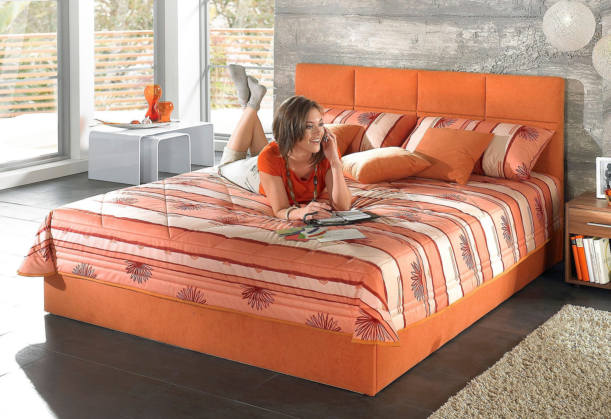 Polsterbett, orange (terrakotta), B:112cm L:210cm, Bezug Bett: Microfaser (100% Polyester);Bonnell-Federkernmatratze: 51% Polypropylen, 39% Polyester, 10% Baumwolle;Kaltschaummatratze: 100% Polyester, Bezug abnehm- und waschbar bis 60C, WESTFALIA...