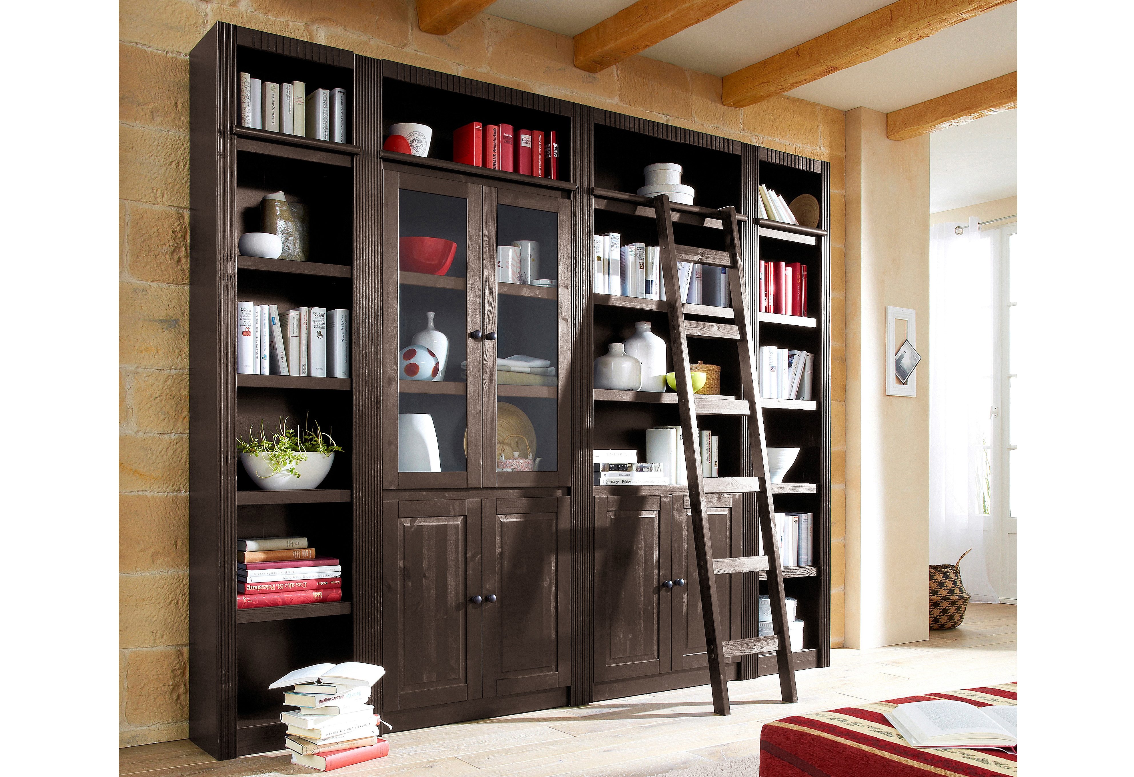Bücherwand HOME AFFAIRE "Bergen", braun (dunkelbraun), B:255cm H:213cm T:27cm, Massivholz, Regale, aus massivem schönen Kiefernholz, Breite 255 cm