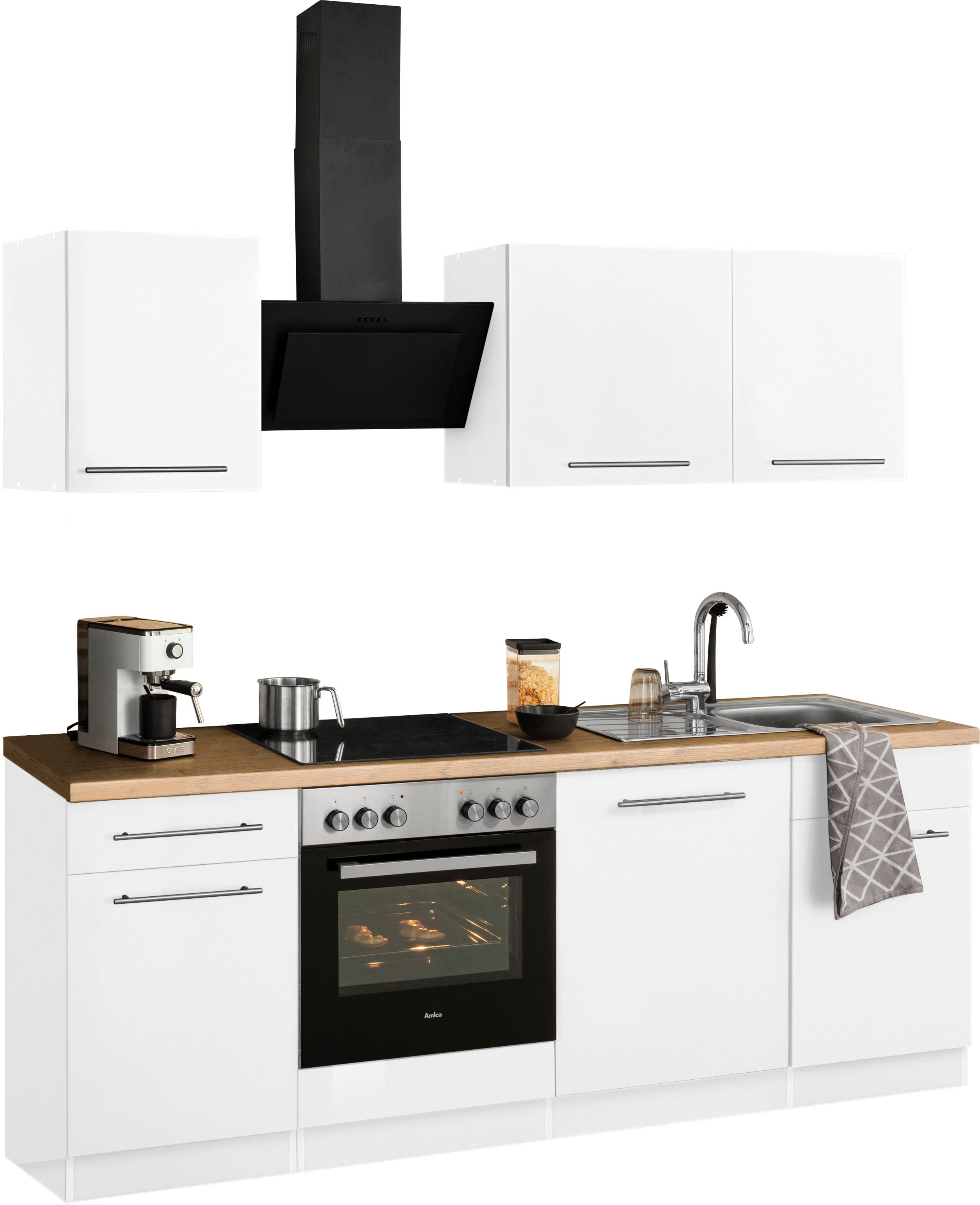 Küchenzeile WIHO KÜCHEN "Unna", beige (küche: natur, korpus: weiß, arbeitsplatte: kastelleiche nachbildug), B:220cm T:60cm, Komplettküchen-Sets, Küchenzeile, ohne E-Geräte, Breite 220 cm Image