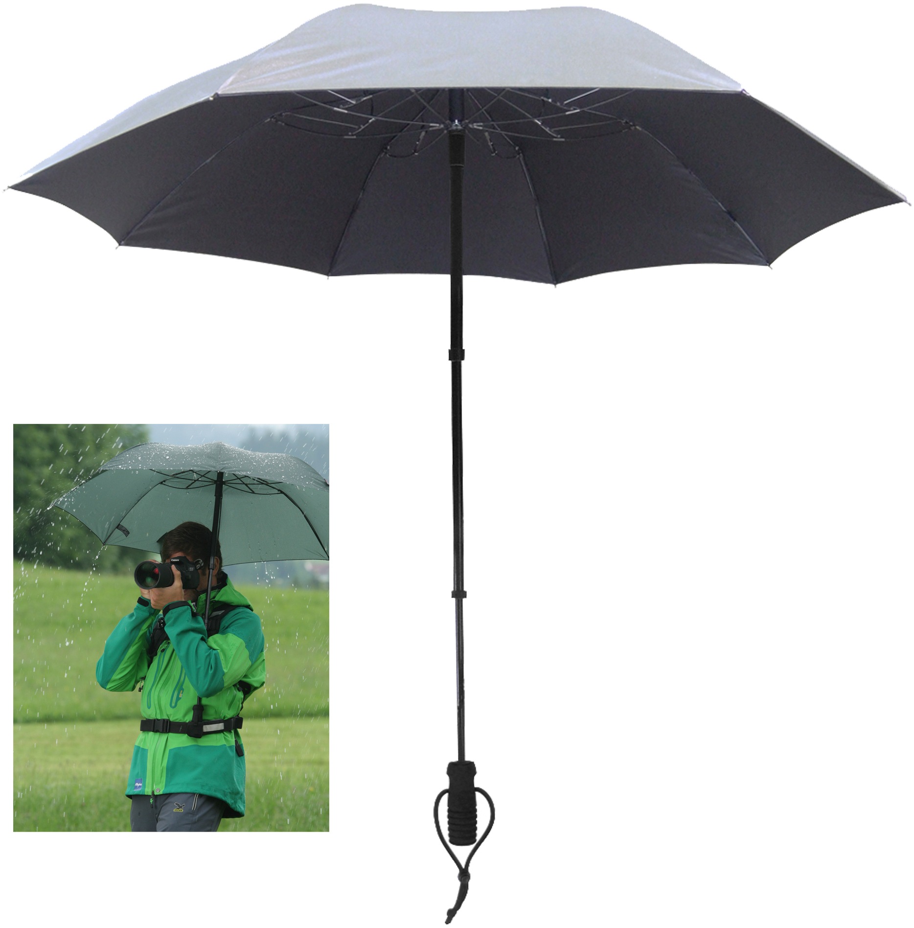 Taschenregenschirm EUROSCHIRM "teleScope handsfree, silber", Damen, silber, Bezug: 100% Polyester, uni, Regenschirme Taschenschirm, zweifach ausziehbarer Schaft, handfrei tragbar und mit UV-Schutz 50+