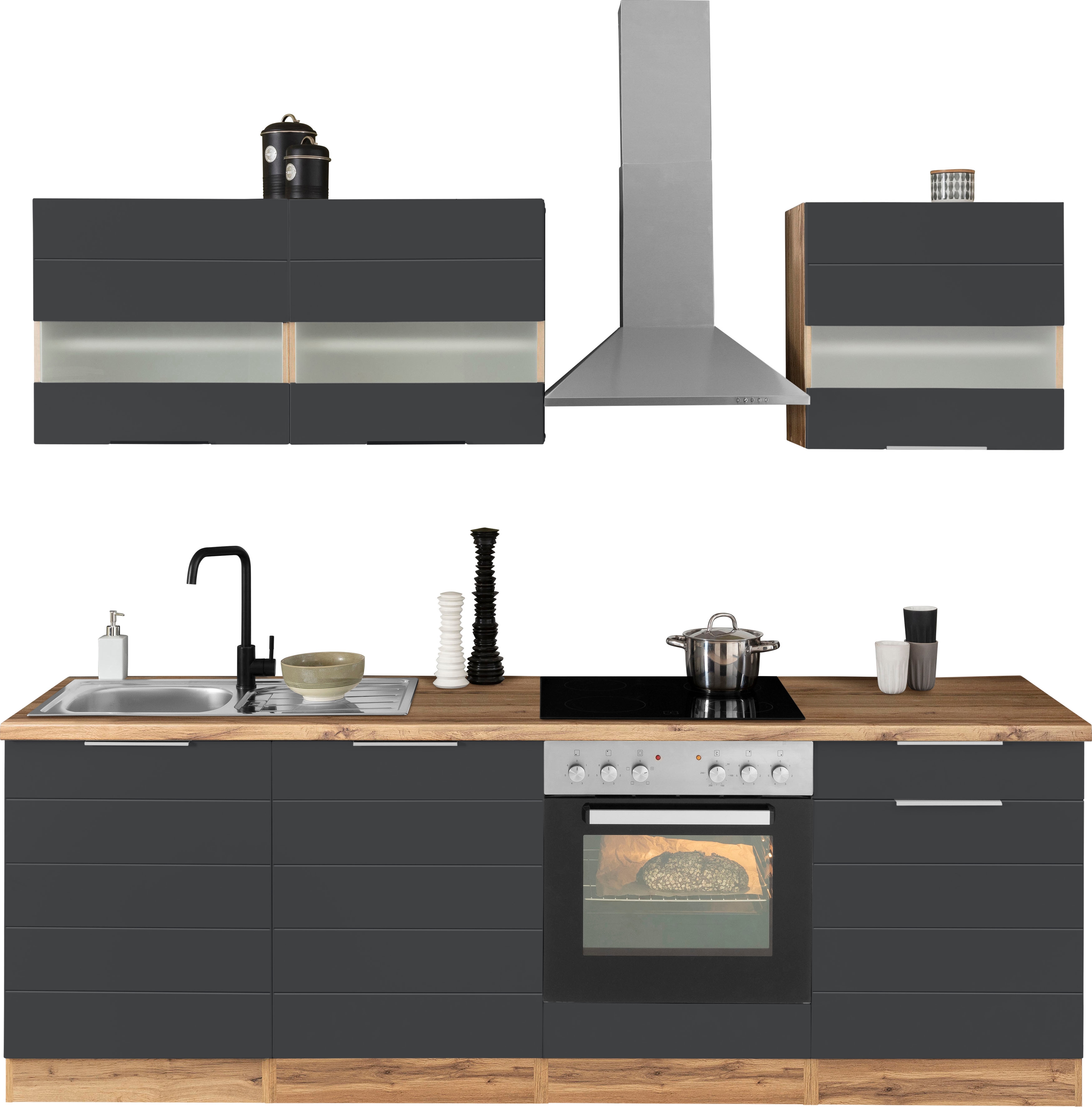 Küchenzeile KOCHSTATION "KS-Luhe", grau (küche: grau, front: weiß matt, korpus: wotaneichefarben, arbeitsplatte: wotaneichefarben), B:240cm T:60cm, Komplettküchen-Sets, Küchenzeile, 240 cm breit, wahlweise mit oder ohne E-Geräten, gefräste MDF-Fronten Image