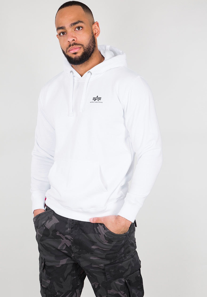 Kapuzensweatshirt ALPHA INDUSTRIES "Hoody Small Logo", Herren, Gr. S, weiß, angeraute Sweatware, Obermaterial: 80% Baumwolle, 20% Polyester, bedruckt, normal, Rundhals, Rippbündchen, Sweatshirts Image