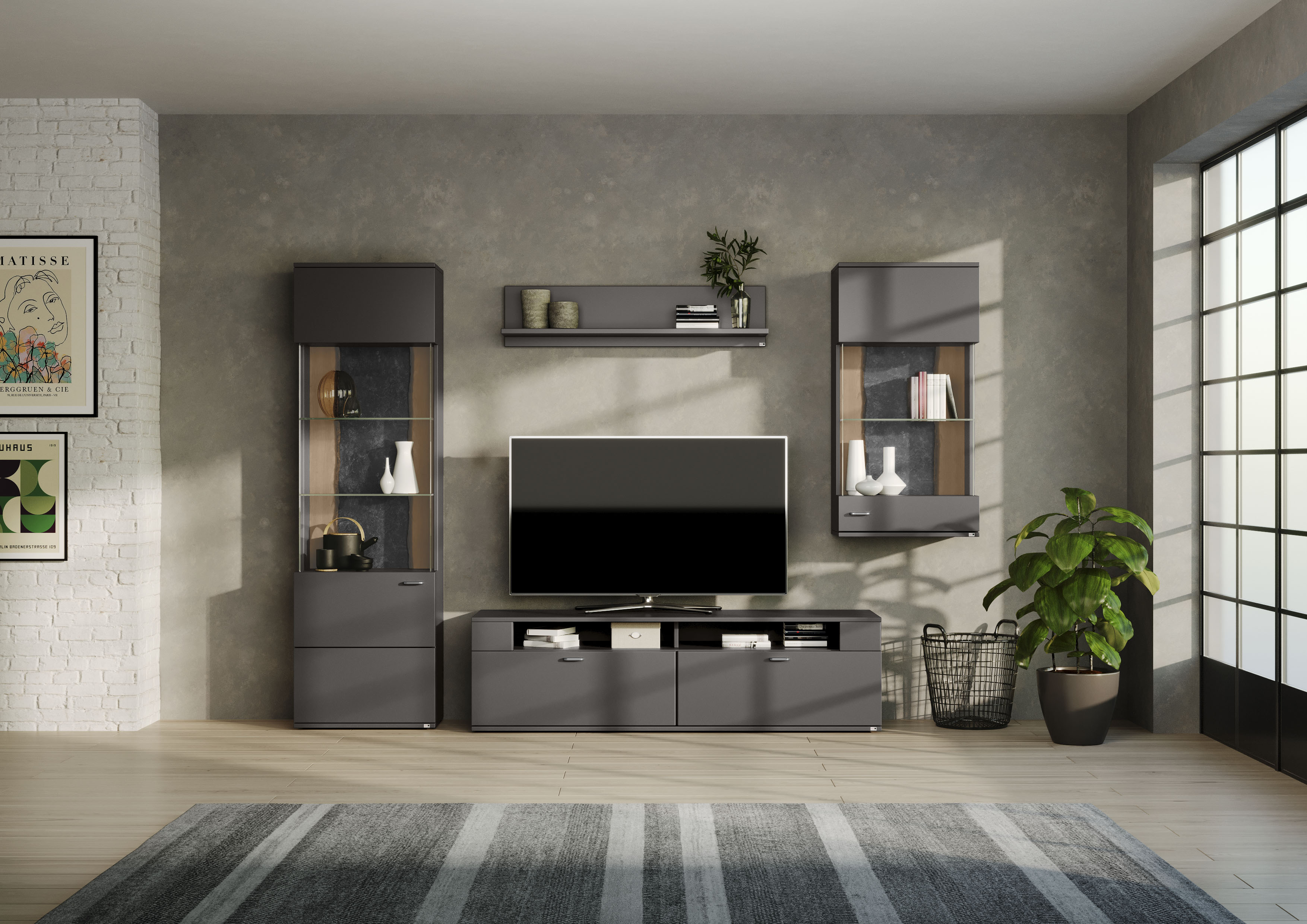 Wohnwand "TACOMA", grau (grafit matt), SET ONE BY MUSTERRING, Kastenmöbel-Sets, Typ 04, mit Hängevitrine