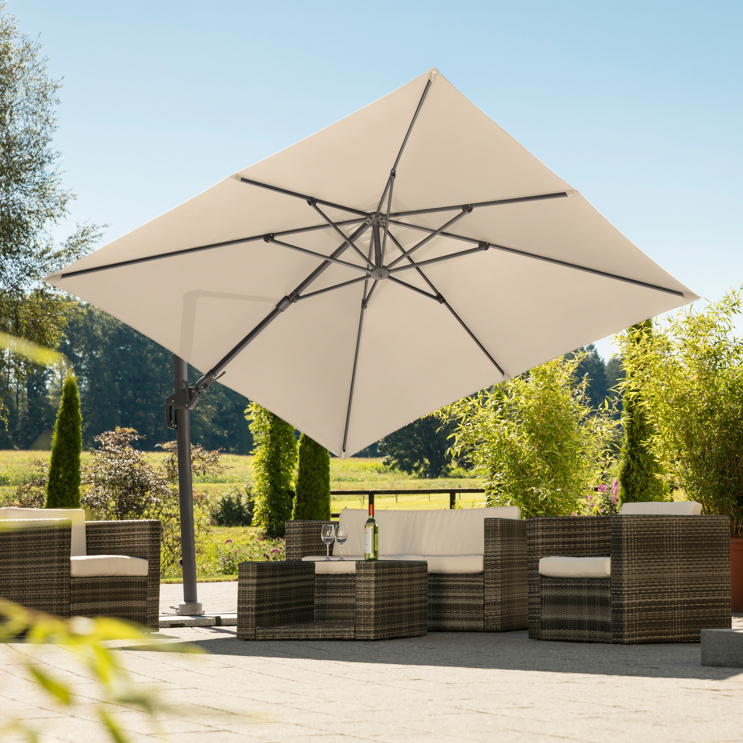 Ampelschirm SCHNEIDER SCHIRME "Rhodos Twist", beige (natur), Obermaterial: 100% Polyester, Standschirme, natur, quadratisch, ohne Wegeplatten Image