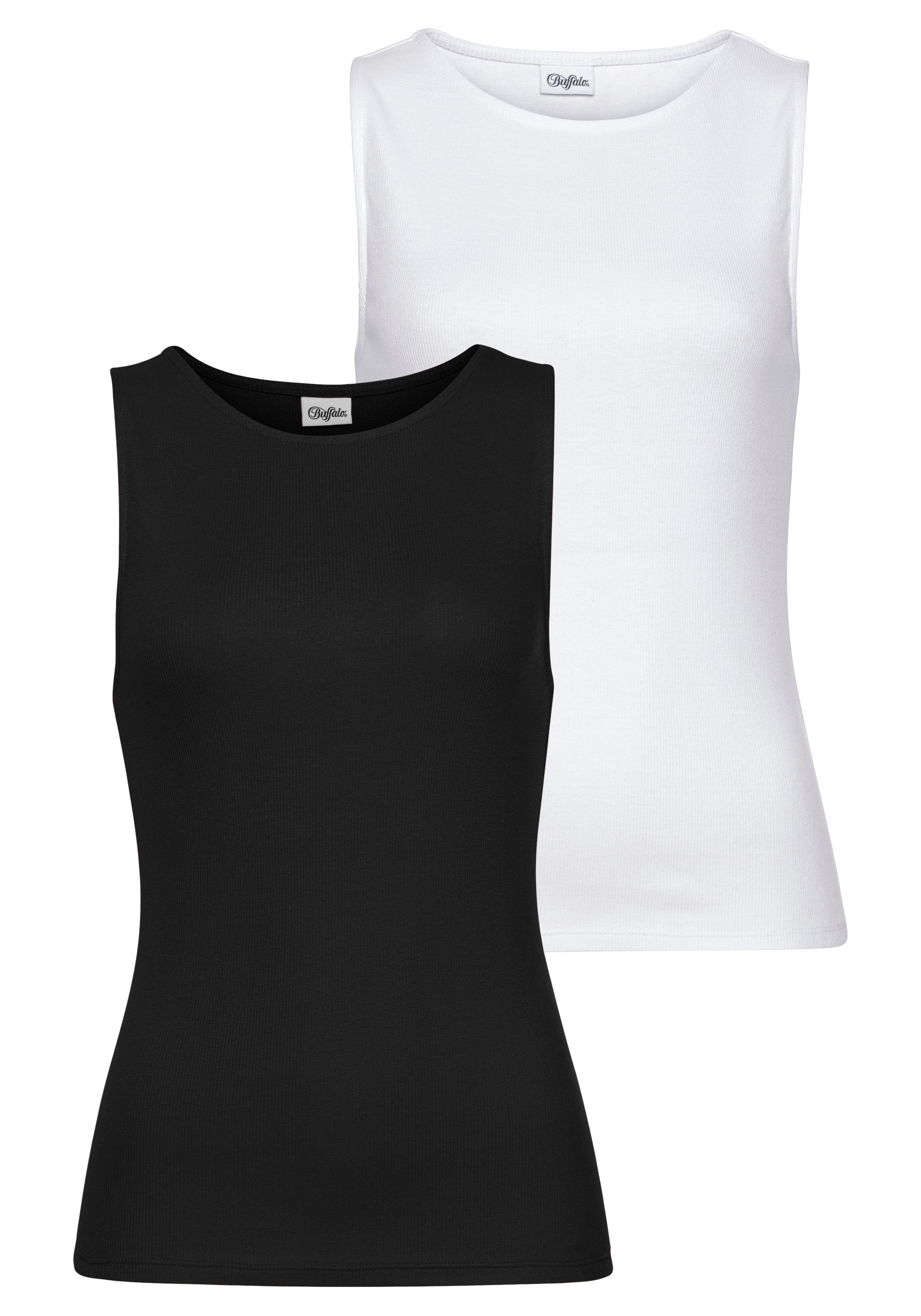 Tanktop BUFFALO, Damen, Gr. 40/42, weiß,, schwarz, Rippware, Obermaterial: 95% Baumwolle, 5% Elasthan, unifarben, Basic, figurbetont hüftlang, Rundhals, Tops Tanktop, aus weicher Rippware