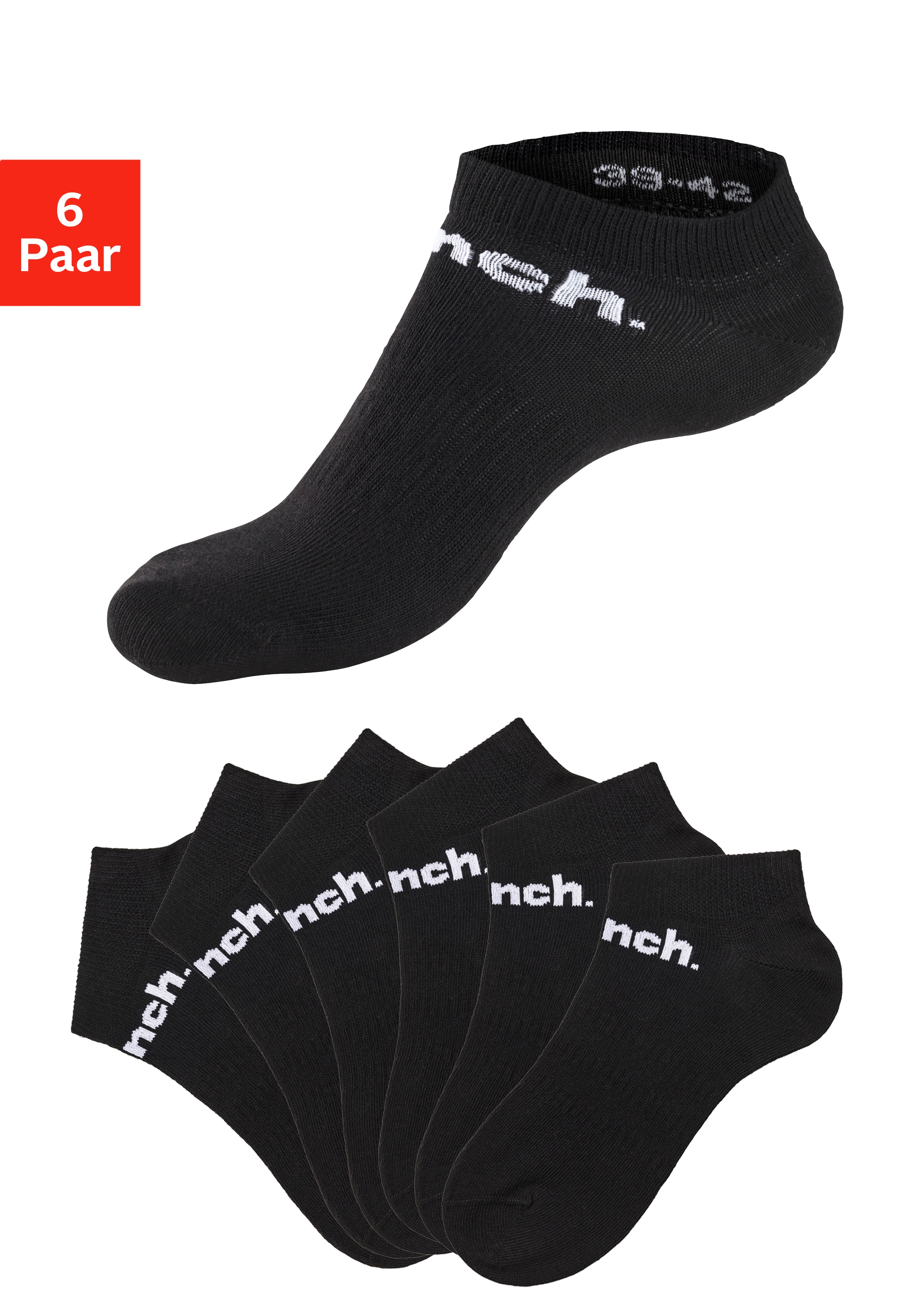 Sportsocken BENCH., Damen, Gr. 39-42, schwarz (6x schwarz), Baumwollmischung, unifarben, elastisch, Socken, Sneakersocken mit klassischem Logoschriftzug Image