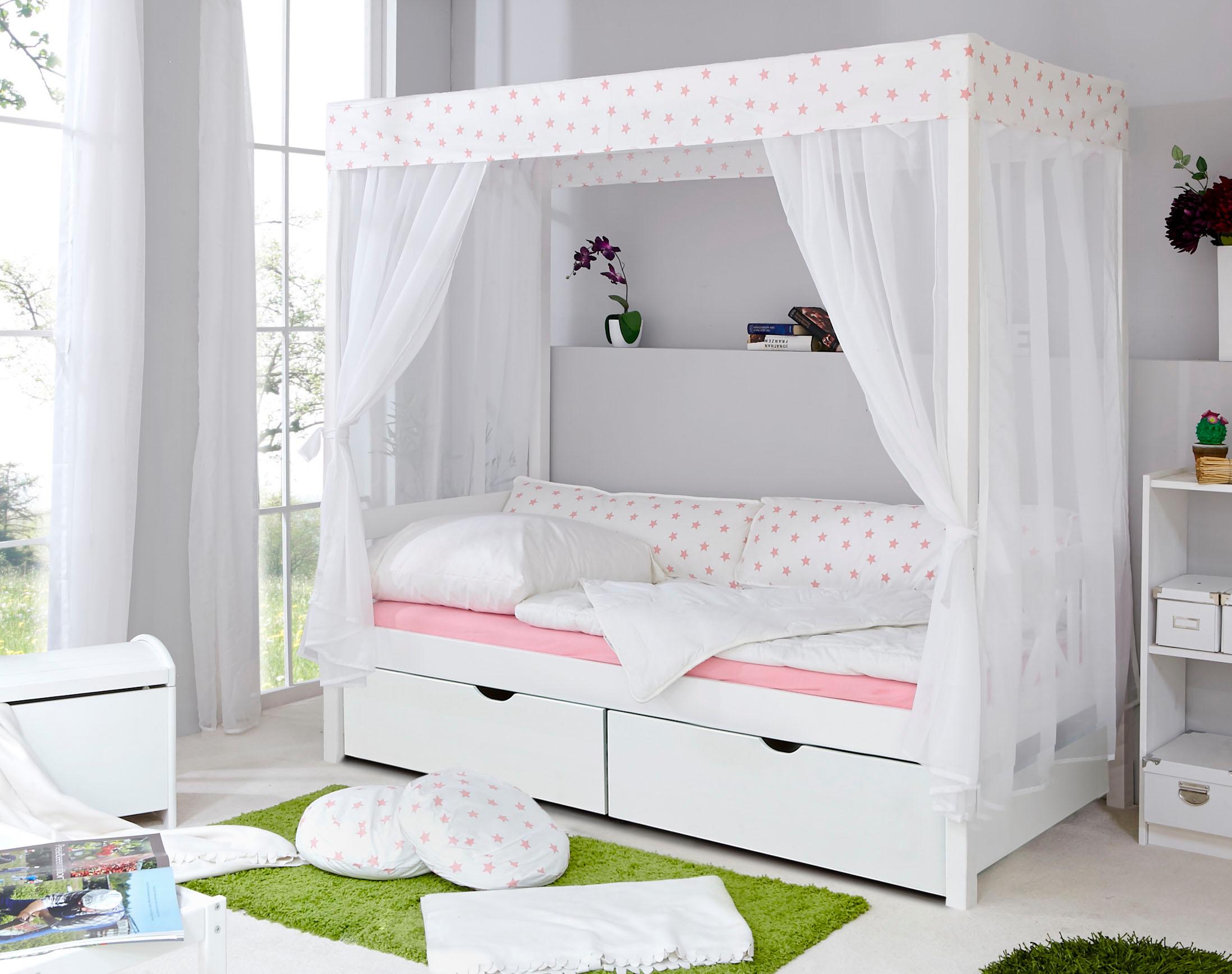 Himmelbett TICAA "Lino", weiß (kiefer massiv weiß gewachst), B:97,2cm, Betten, Himmelbett, inkl. Schubkasten und Rollrost