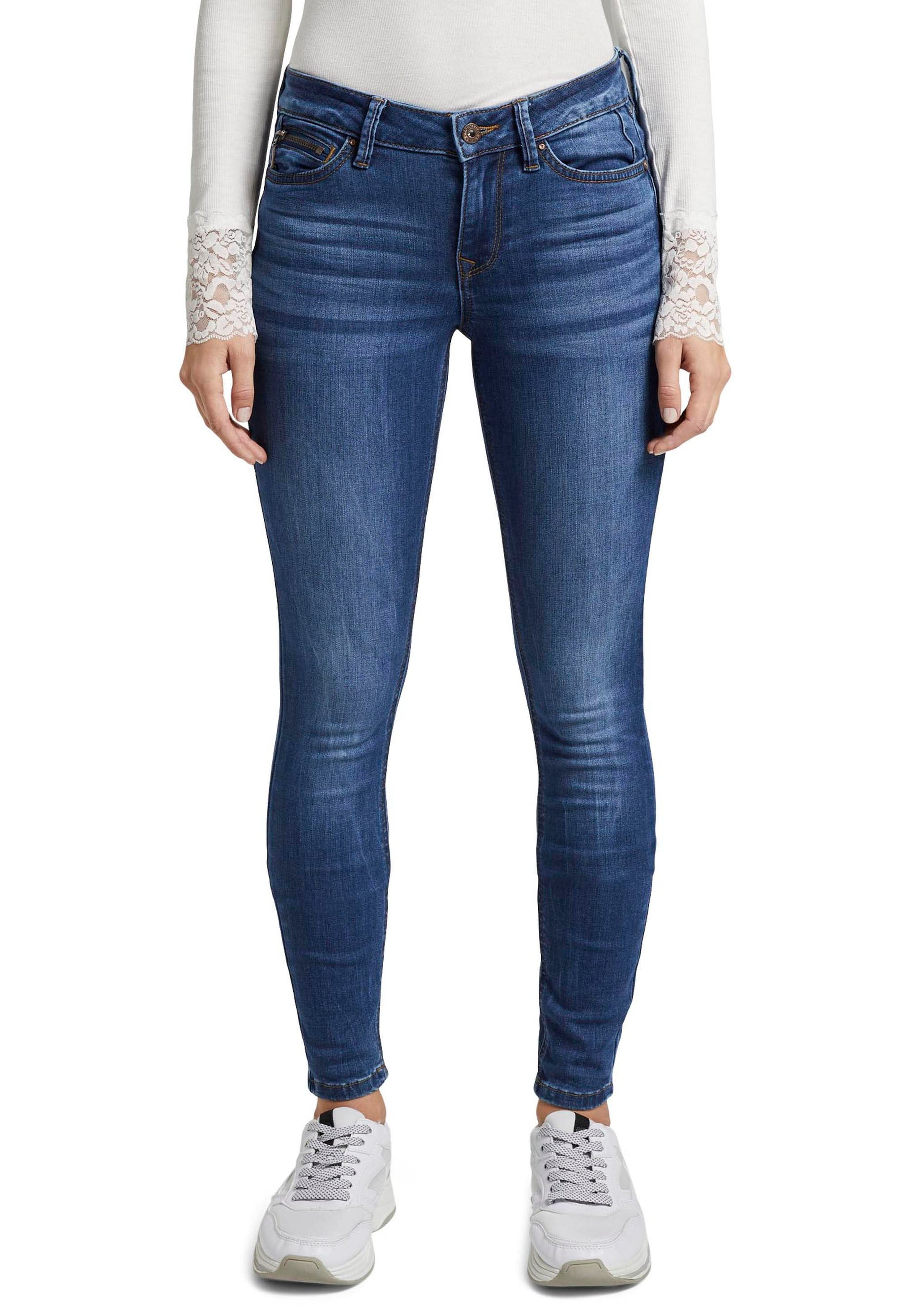 Skinny-fit-Jeans TOM TAILOR DENIM "JONA", Damen, Gr. 26, Länge 30, blau (clean mid stone blau denim), Denim/Jeans, Obermaterial: 72% Baumwolle, 27% Polyester, 1% Elasthan, skinny fit lang, Jeans