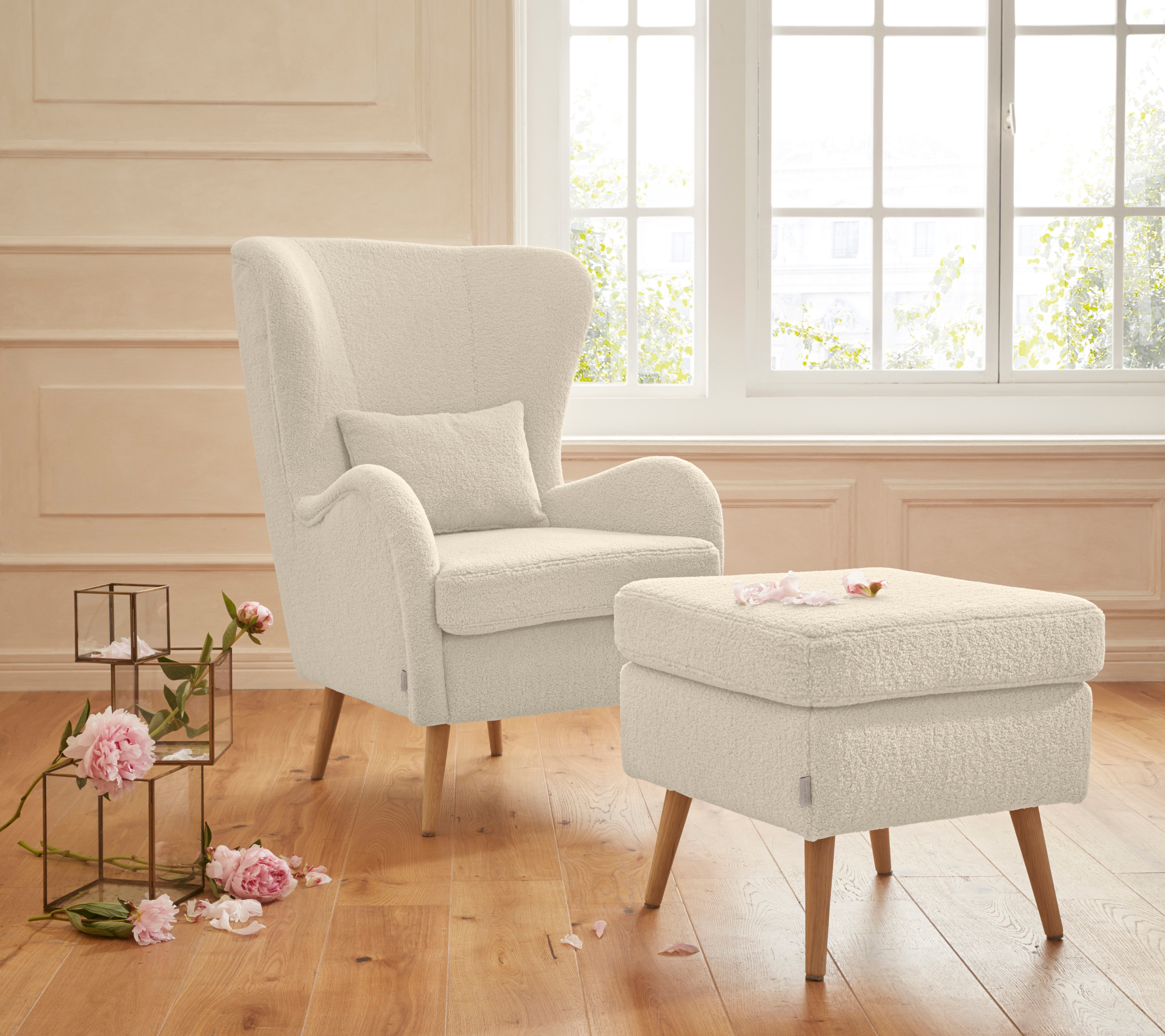 Sessel HOME AFFAIRE "Salla auch in Fellimitat und Feincord, viele Bezugsarten, Ohrensessel", beige (creme), H:118cm T:94cm, Fellimitat (100% Polyester), Sessel, Sessel, wahlweise mit oder ohne Hocker; großer Sessel: Maße B/T/H: 78/94/118cm