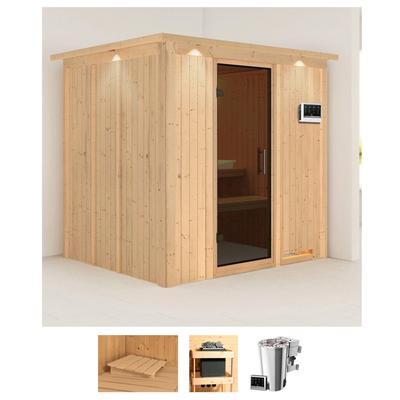 Sauna KARIBU "Dima", beige (naturbelassen), Bio-Kombiofen, externe Steuerung, 3,6 kW, Saunen, 3,6-kW-Bio-Plug & Play Ofen mit externer Steuerung