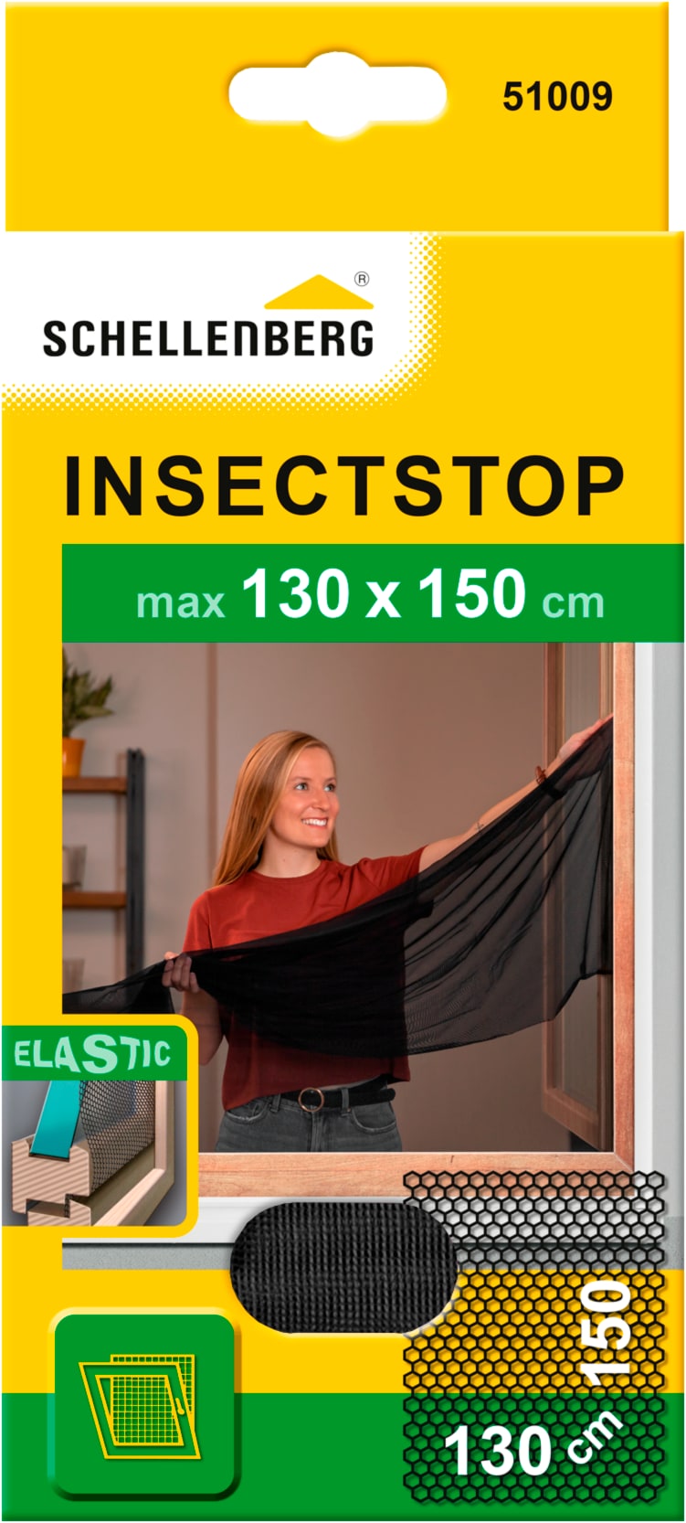 Fliegengitter-Gewebe SCHELLENBERG "Elastic ohne bohren", grau (rahmen: grau gewebe: grau), B:130cm H:150cm, Insektenschutzgitter, elastischer Insektenschutz für Fenster, 130 x 150 cm, anthrazit, weiß