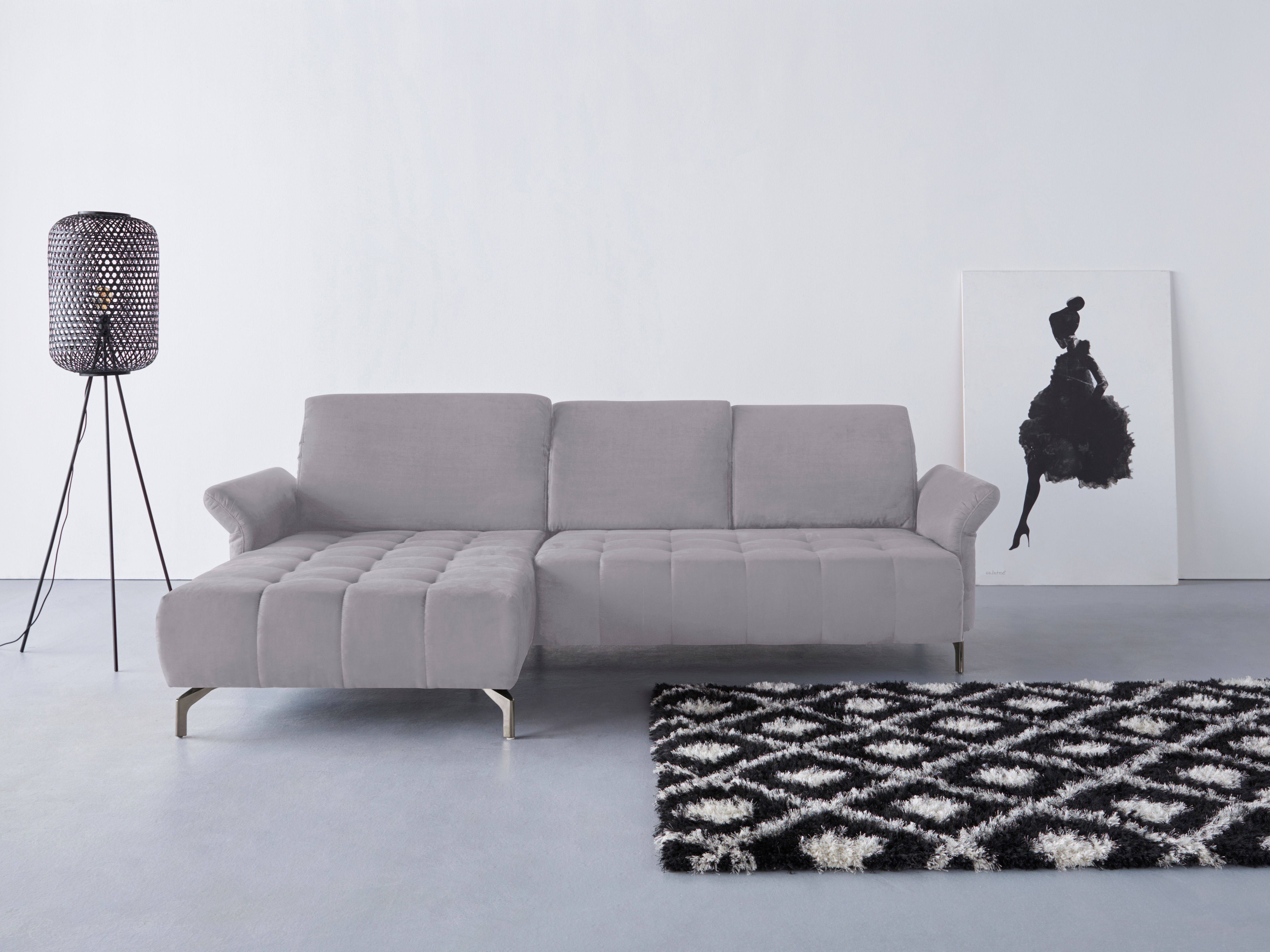 Ecksofa INOSIGN "Fresh L-Form", grau (anthrazit), B:281cm H:79cm T:185cm, 100% Polyester, Sofas, Federkern, wahlweise Kopfteilverstellung und motorischer Vorziehsitz