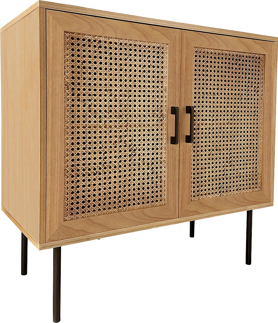 Kommode INOSIGN "Ailis", schwarz (natur, schwarz), B:80cm H:76cm T:39cm, Furnier, Geflecht Rattan, MDF, Metall, Sideboards, Türkommode, Türen mit Einsatz aus Rattangeflecht