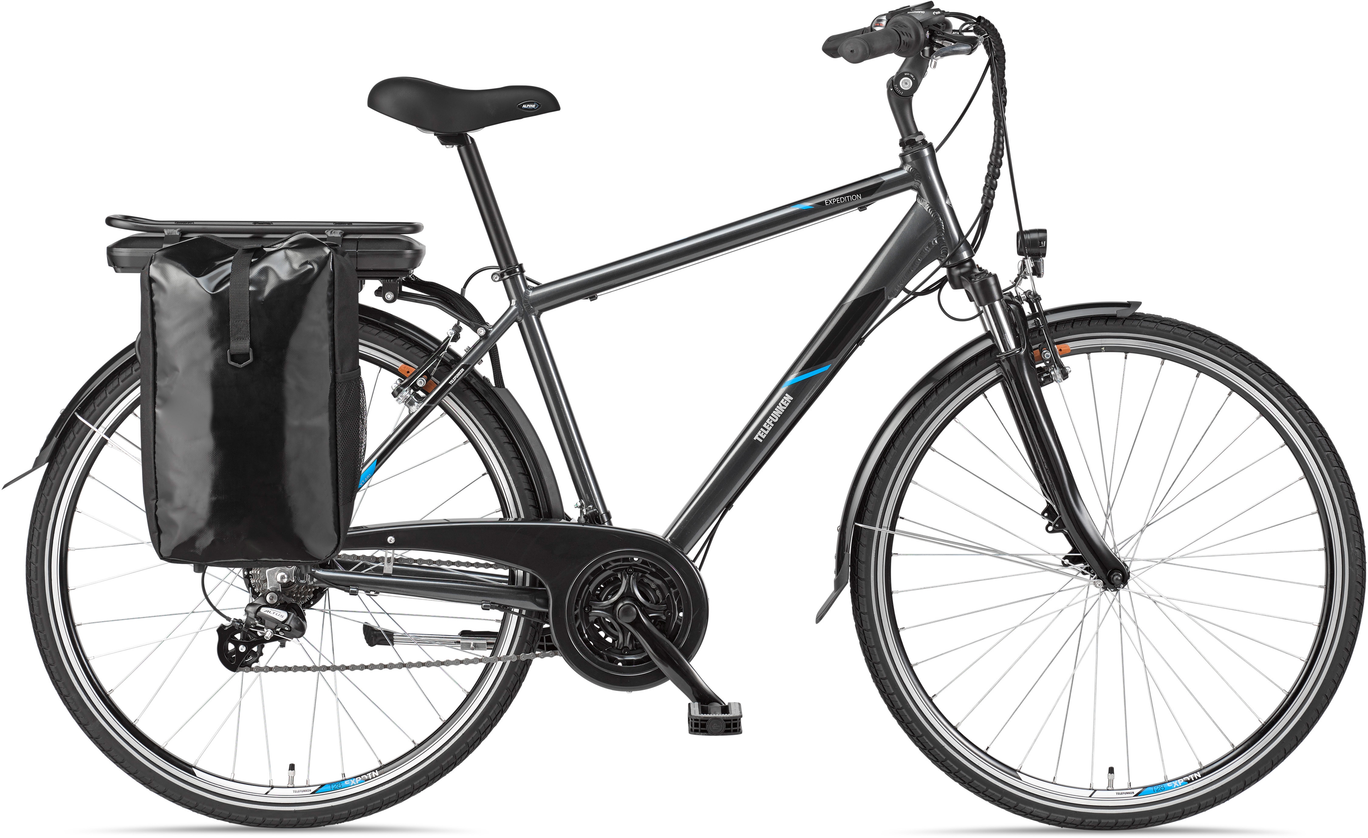 E-Bike TELEFUNKEN "Expedition XT481" Gr. 48, grau (anthrazit, schwarz), Elektrofahrräder, 48cm, 28 Zoll (71,12cm), Pedelec, Elektrofahrrad für Herren Image