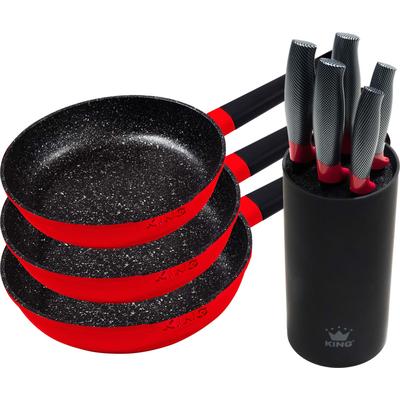 Pfannen-Set KING "Shine Red", rot, Ø:28cm, Pfannen, Induktion, mit 6-teiligem Messerblock