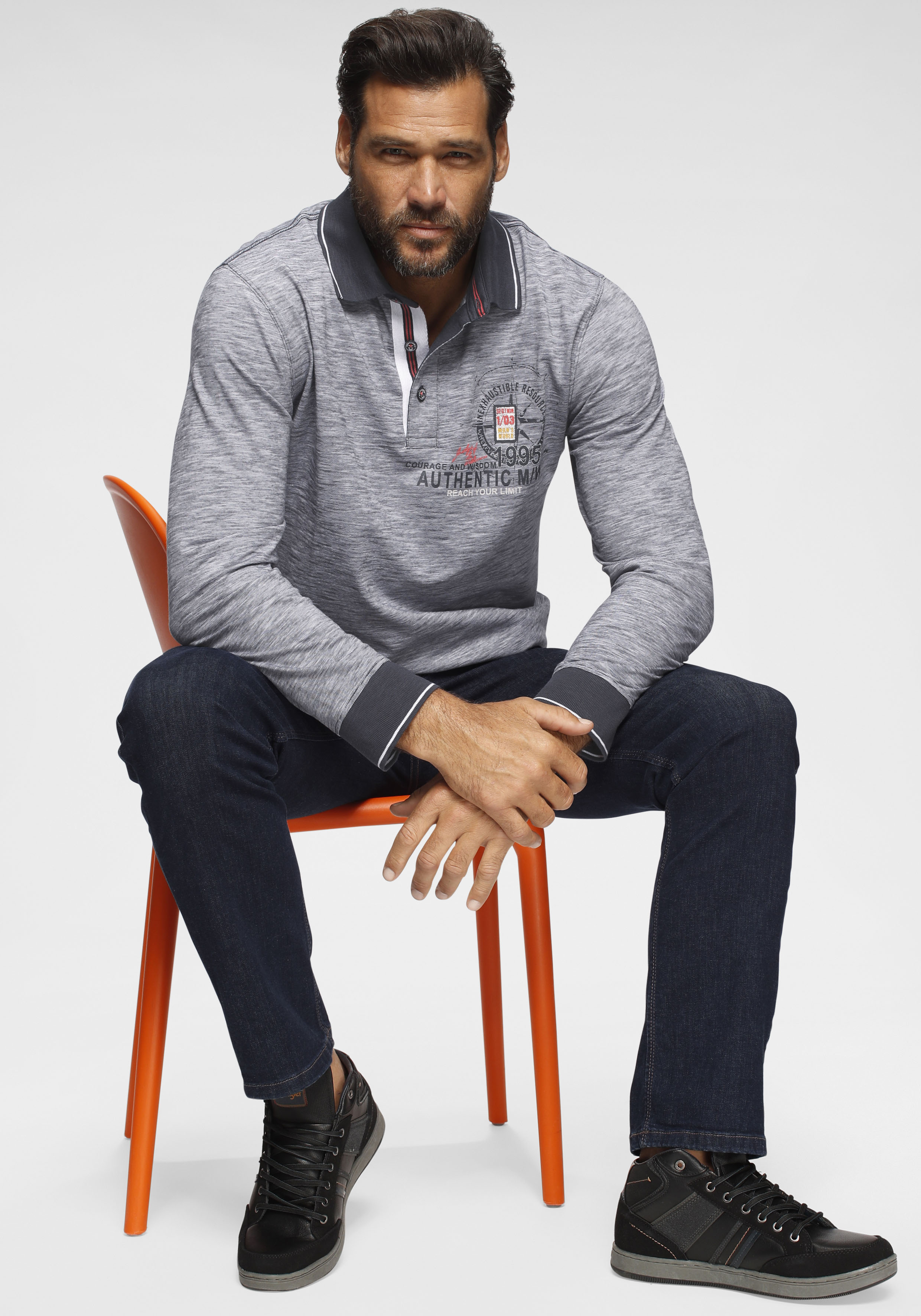 Langarm-Poloshirt MAN'S WORLD, Herren, Gr. XL (56/58), blau (blau, meliert), Single Jersey, Obermaterial: 100% Baumwolle, meliert, normal, Rippbündchen, Shirts, Langarm, melierte Optik, Polokragen, aus Baumwolle Image