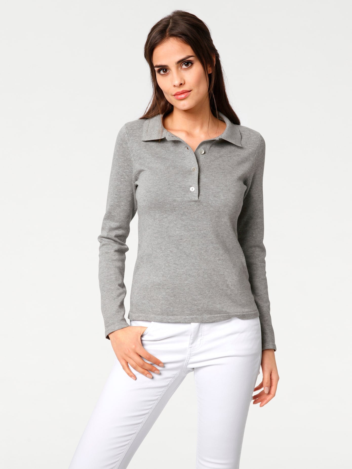Polokragenpullover "Polopullover", Damen, Gr. 38, grau (grau, melange), 100% Baumwolle, B.C. BEST CONNECTIONS BY HEINE, unifarben, Pullover