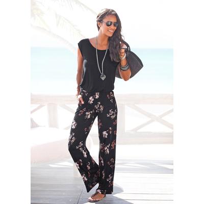 Overall LASCANA, Damen, Gr. 36, N-Gr, bunt (bedruckt), Jersey, Obermaterial: 100% Viskose, bedruckt, casual, figurumspielend lang, Rundhals, Kurzarm, Overalls, mit weitem Bein und Taschen, lockerer Jumpsuit, sommerlich, Topseller