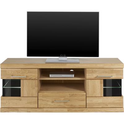 Lowboard HOME AFFAIRE "Ribe,140cm breit, Fronten Massivholz,6 Fächer,Kabeldurchführung", braun (eiche teilmassiv), B:140cm H:55cm T:35cm, Holz teilmassiv, Sideboards, Korpus Holzwerkstoff,Glaseinsatz aus gehärtetem Glas,Böden versetzbar Image