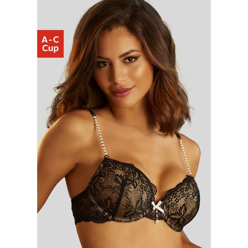 Push-up-BH LASCANA Gr. 70, Cup C, beige (schwarz, creme) Damen BHs BH Bügel-BH Hochzeitsdessous Hochzeitswäsche Push-up-BH Spitzen-BH Spitzenwäsche Spitzen-BHs mit femininen Perlendetails, sexy Dessous