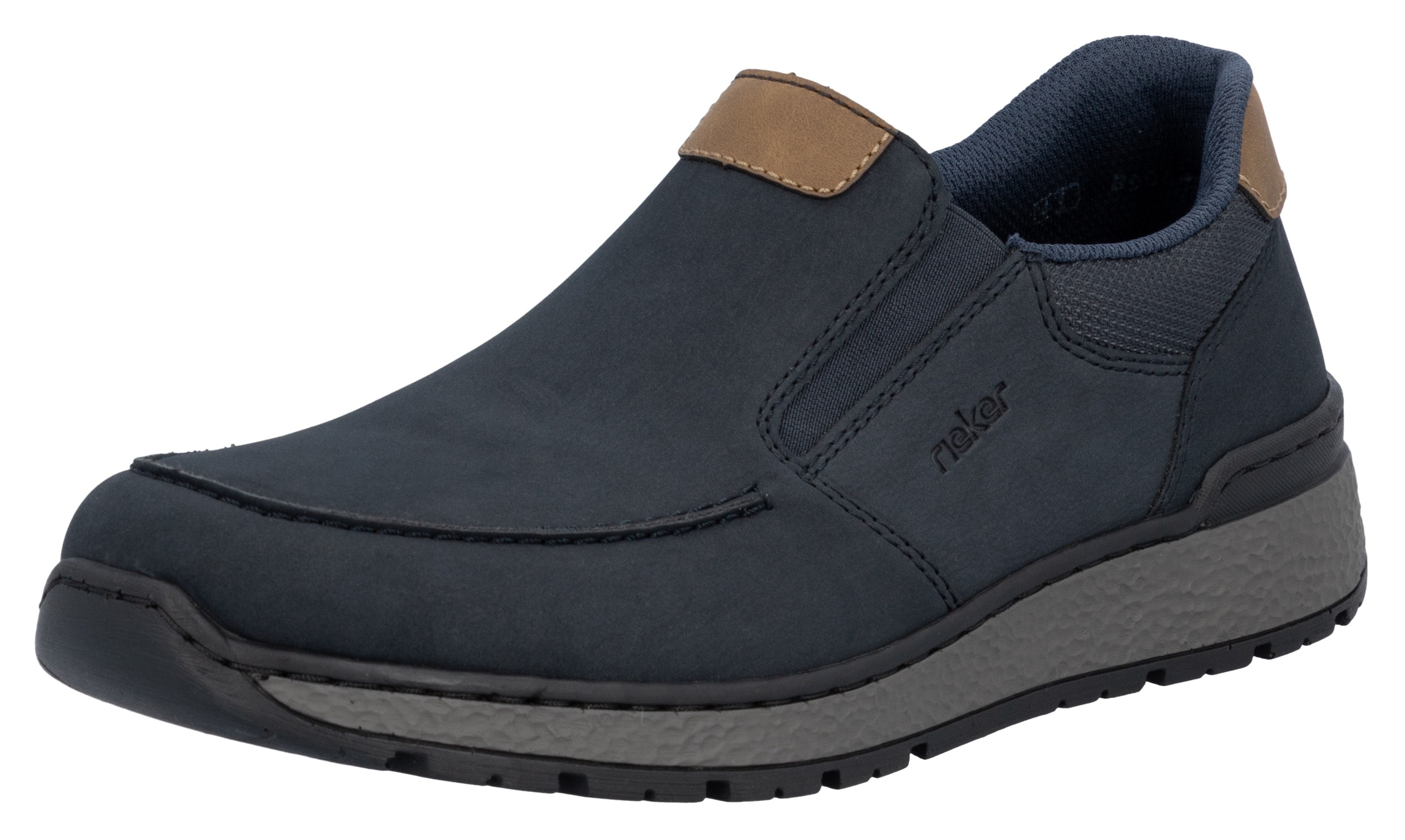 Slipper RIEKER, Herren, Gr. 44, bunt (dunkelblau, braun), Nubuklederimitat, Textil, Schuhe Slipper, mit kontrastfarbenen Besätzen, bequeme Form