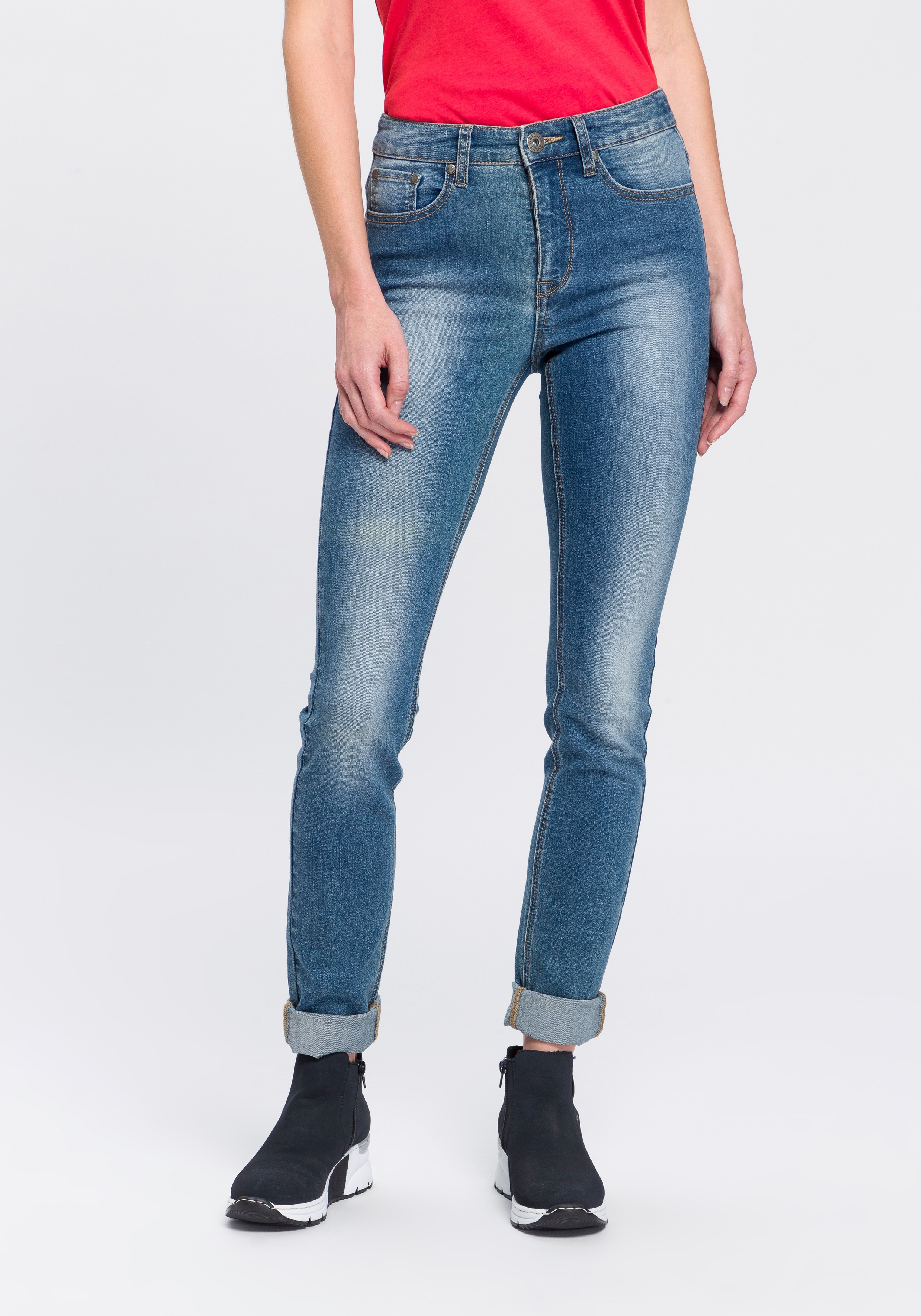 Slim-fit-Jeans ARIZONA "Shaping", Damen, Gr. 19, K + L Gr, blau (blau used), Jeans, Obermaterial: 79% Baumwolle, 19% Polyester, 2% Elasthan, Basic, sehr schmal lang, Jeans Slim-fit-Jeans, enge Passform, Röhrenjeans, Used-Look-Waschung, hohe Leibhöhe