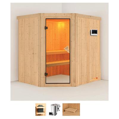 Sauna KARIBU "Laila", beige (naturbelassen), Bio-Kombiofen, externe Steuerung, 3,6 kW, Saunen, 3,6-kW-Bio-Plug & Play Ofen mit externer Steuerung