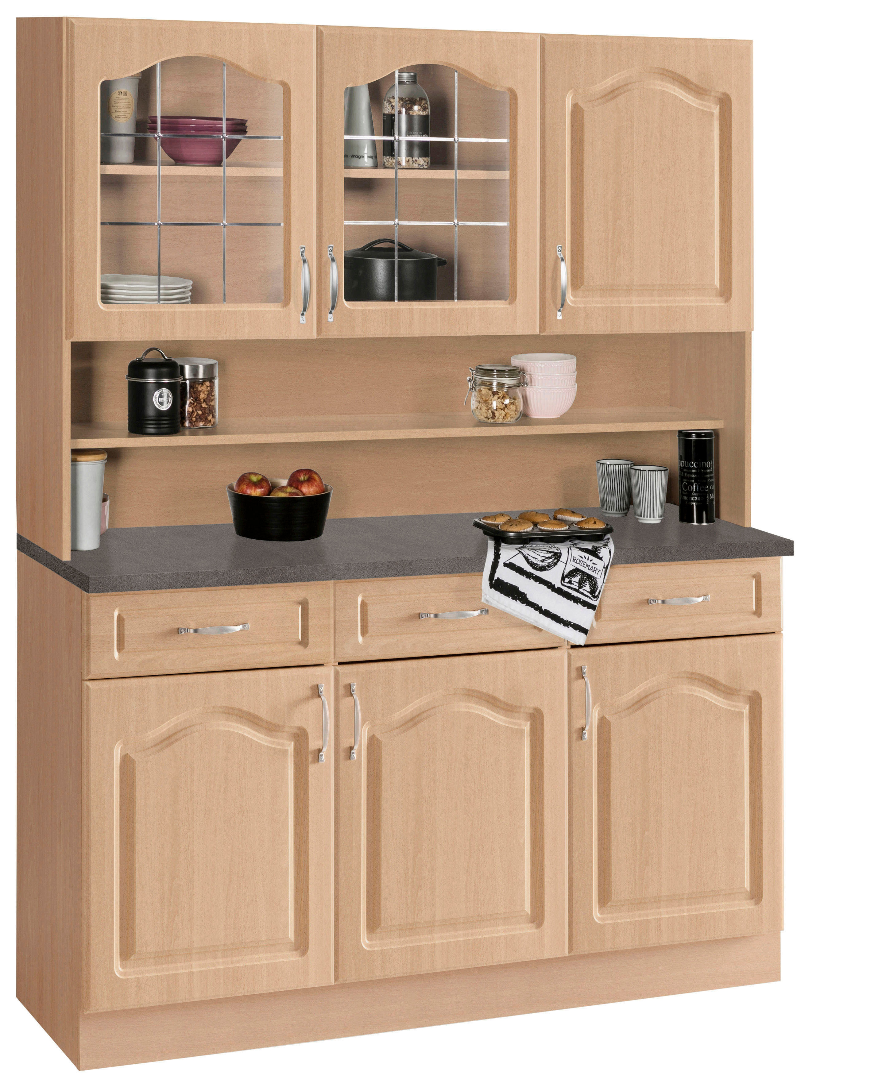 Küchenbuffet WIHO KÜCHEN "Linz", braun (front: landhaus buche, korpus: buche deko, arbeitsplatte: granit grau), B:120cm H:180cm T:50cm, Schränke, 120 cm breit, in Landhaus-Optik