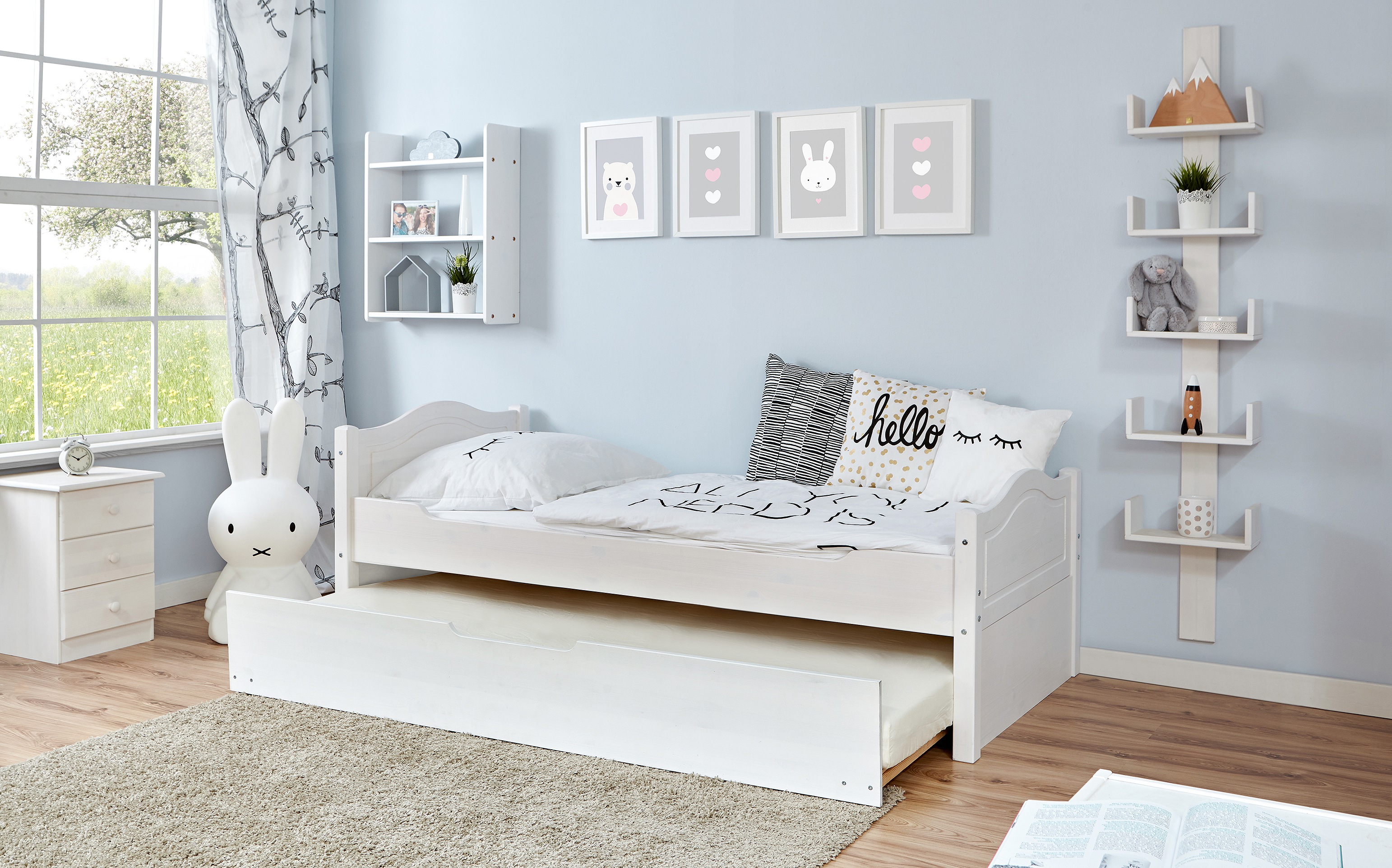 Jugendbett TICAA "Leni", weiß, B:99cm H:78cm L:211cm, Betten, Kinder-Einzelbett Massivholzbett, Einzelbett, inkl. Zusatzbett und Rollrost