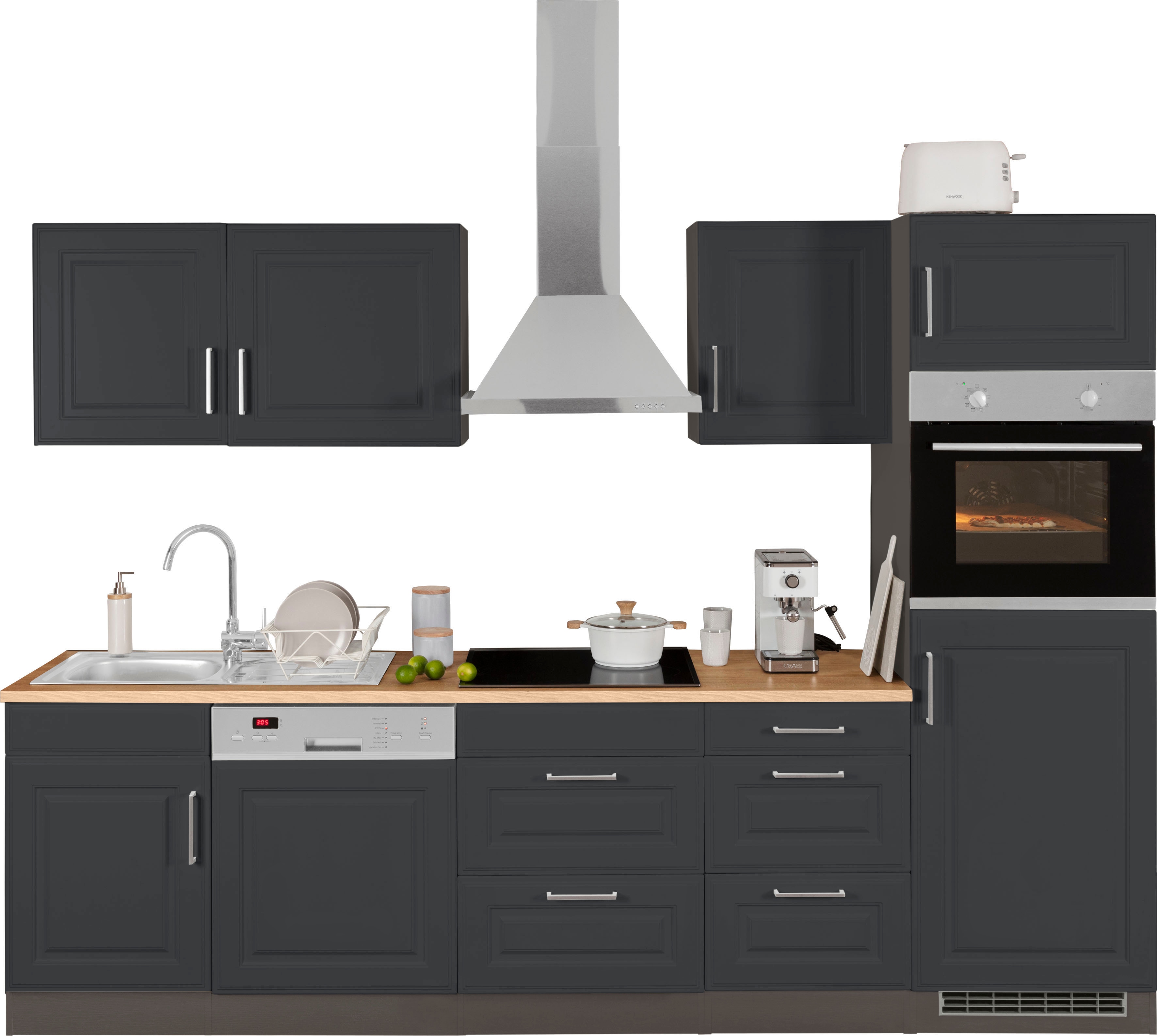 Küchenzeile KOCHSTATION "KS-Stockholm", grau (küche: grau, korpus: grafit, arbeitsplatte: eichefarben), B:280cm T:60cm, Komplettküchen-Sets, Küchenzeile, Breite 280 cm, mit hochwertigen MDF Fronten im Landhaus-Stil Image