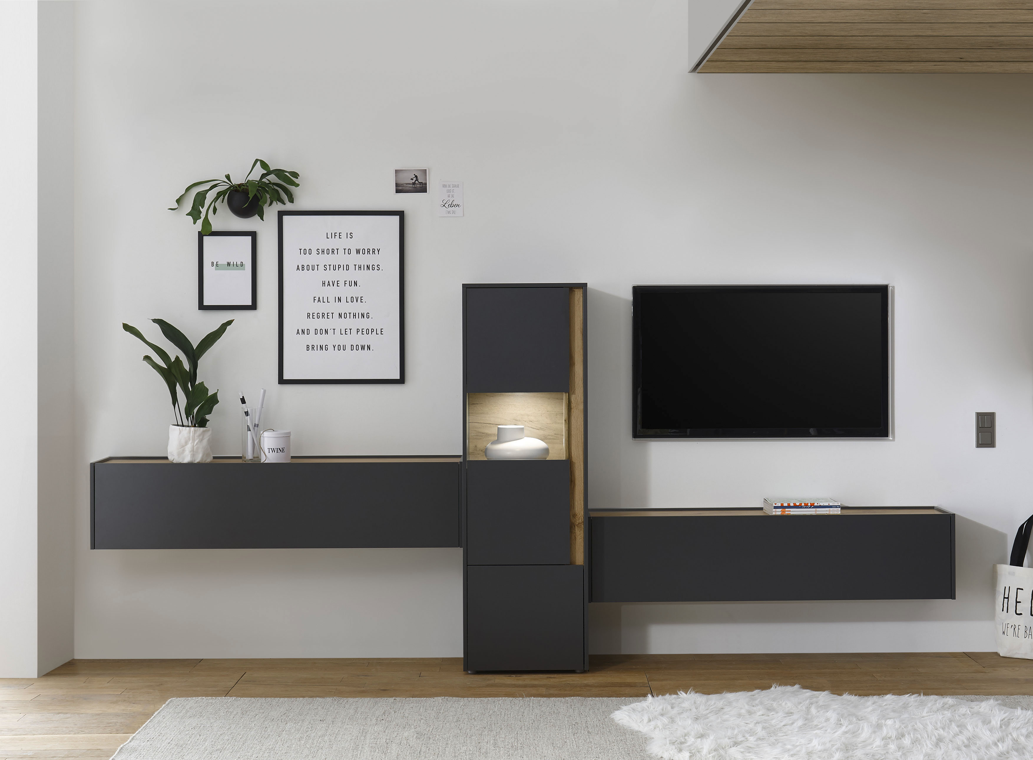 Wohnwand HOME AFFAIRE "City/Giron, moderne Anbauwand, Komplettset in vielen Farben verfügbar", grau (anthrazit), B:350cm H:155cm T:40cm, Holzwerkstoff, Kastenmöbel-Sets, Wohnwand, enthält eine Vitrine & zwei Hängeschränke