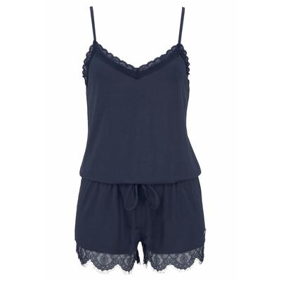 Playsuit LASCANA, Damen, Gr. 34, N-Gr, blau, Single Jersey, Obermaterial: 66% Polyester, 29% Viskose, 5% Elasthan, elegant, figurumspielend kurz, V-Ausschnitt, ohne Ärmel, Overalls, mit Spitzensaum