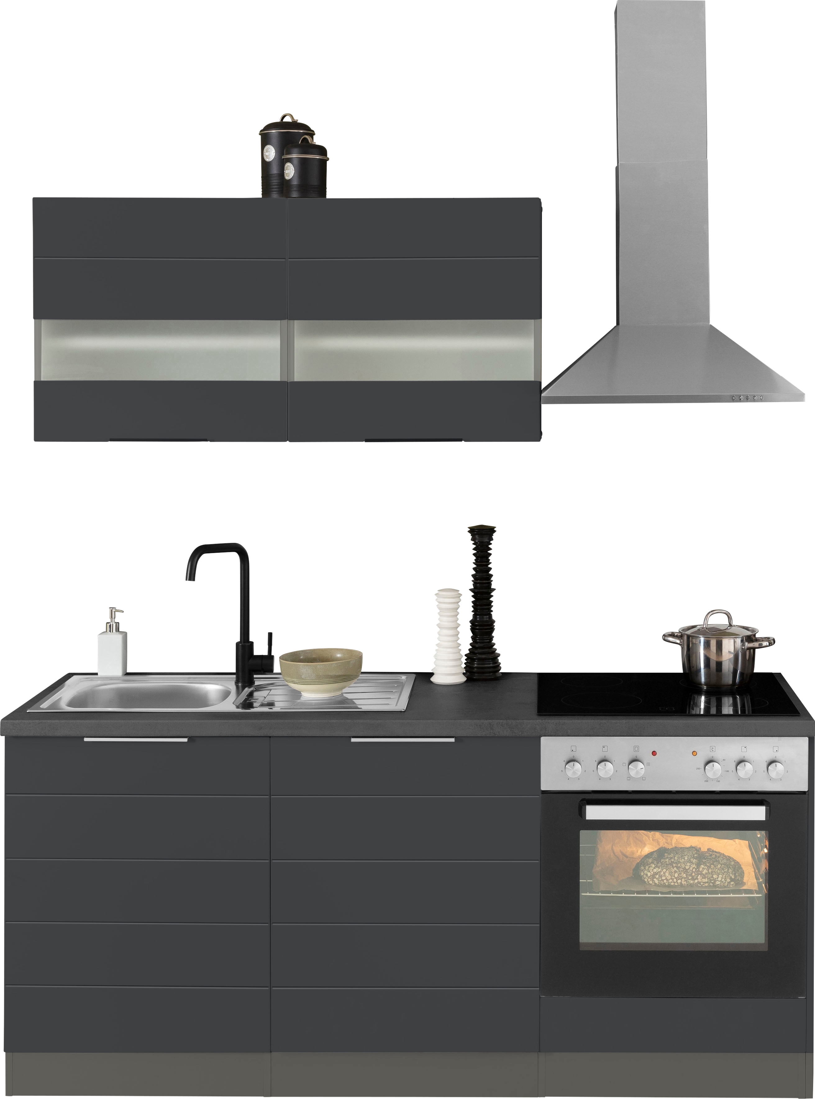 Küchenzeile KOCHSTATION "KS-Luhe", grau (küche: grau, front: weiß matt, korpus: grafit, arbeitsplatte: betongrau), B:180cm T:60cm, Komplettküchen-Sets, Küchenzeile, 180 cm breit, wahlweise mit oder ohne E-Geräten, gefräste MDF-Fronten