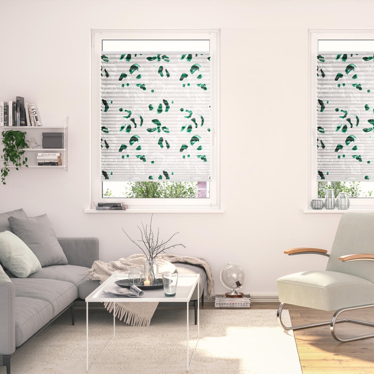 Plissee LICHTBLICK ORIGINAL "Plissee Klemmfix, ohne Bohren, blickdicht, Monstera - Grün", grün (grün, weiß, weiß), B:90cm H:130cm, Obermaterial: 100% Polyester, Plissees