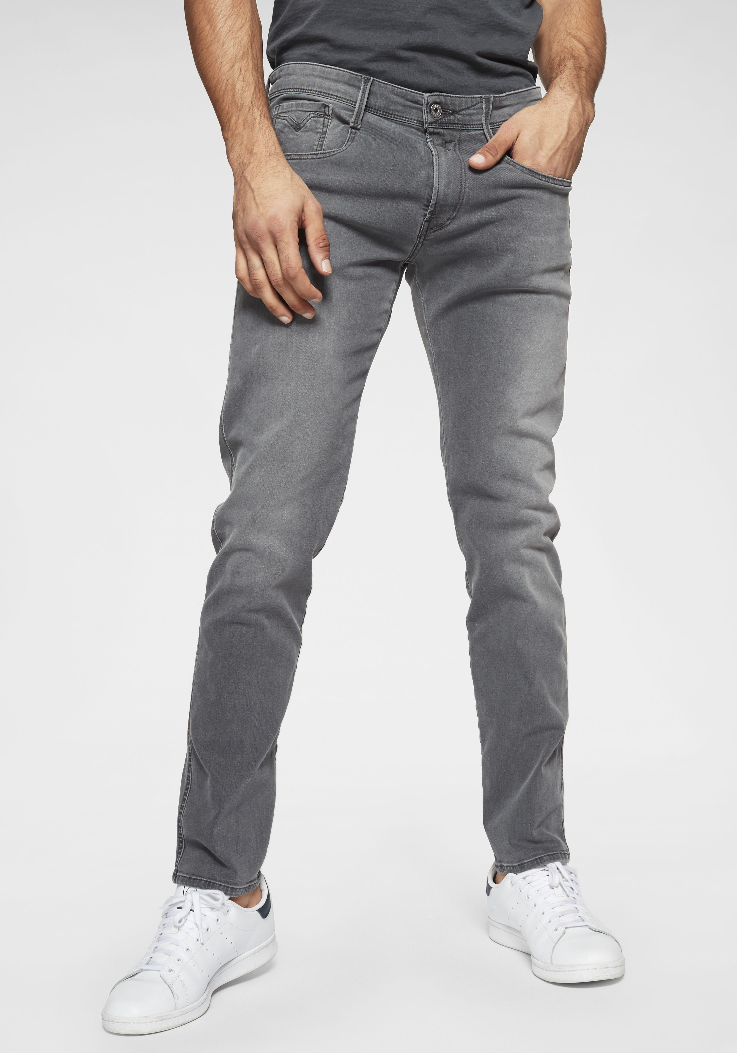Slim-fit-Jeans REPLAY "Anbass Superstretch", Herren, Gr. 36, Länge 34, grau, Denim/Jeans, Obermaterial: 98% Baumwolle, 2% Elasthan, slim fit lang, Jeans Slim-fit-Jeans, elastisch