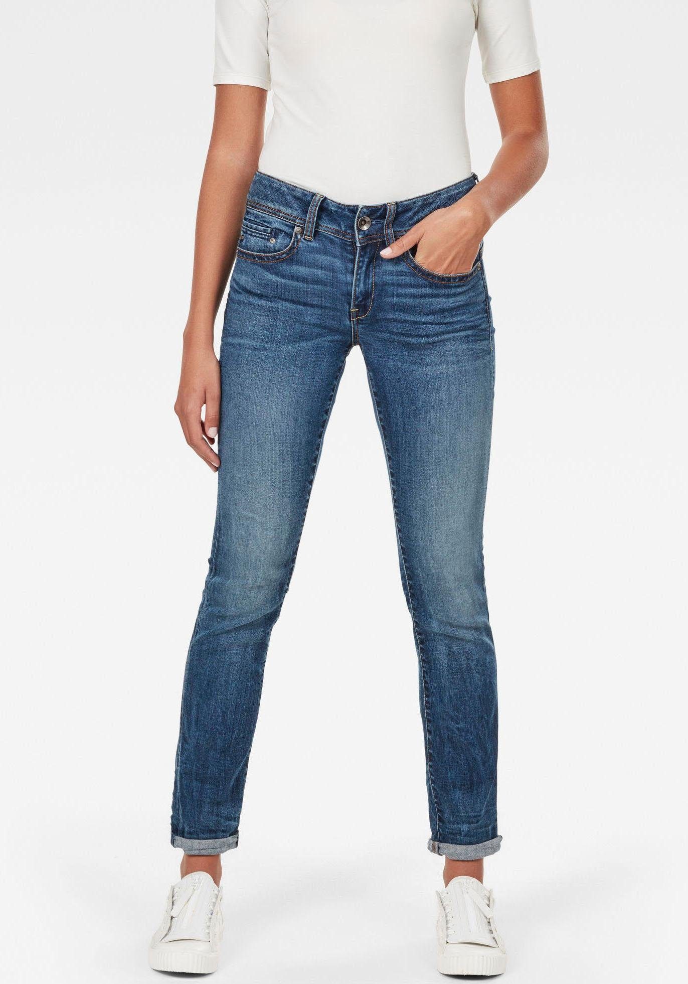 Straight-Jeans G-STAR "Midge Straight Women", Damen, Gr. 26, Länge 32, blau (medium indigo aged, elto superstretch), Denim/Jeans, Obermaterial: 91% Baumwolle, 7% Elastomultiester, 2% Elasthan, gerade lang, Jeans Straight-Jeans, mit Used-Effekten